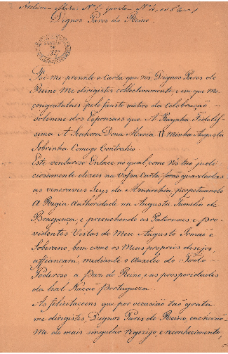 Carta do Infante D. Miguel para os dignos Pares do Reino a agradecer as felicitações que lhe foram dirigidas.