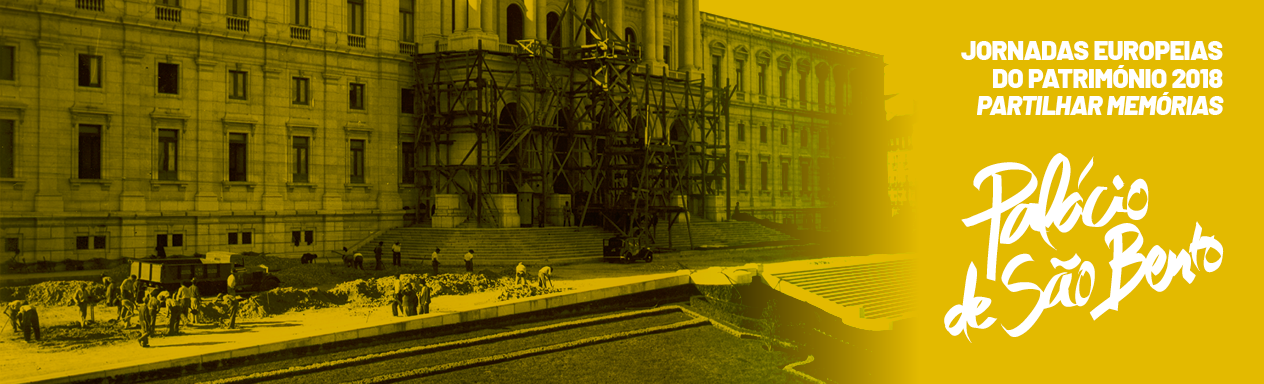 Cartaz com imagem da fachada do Palácio de São Bento em obras em 1930