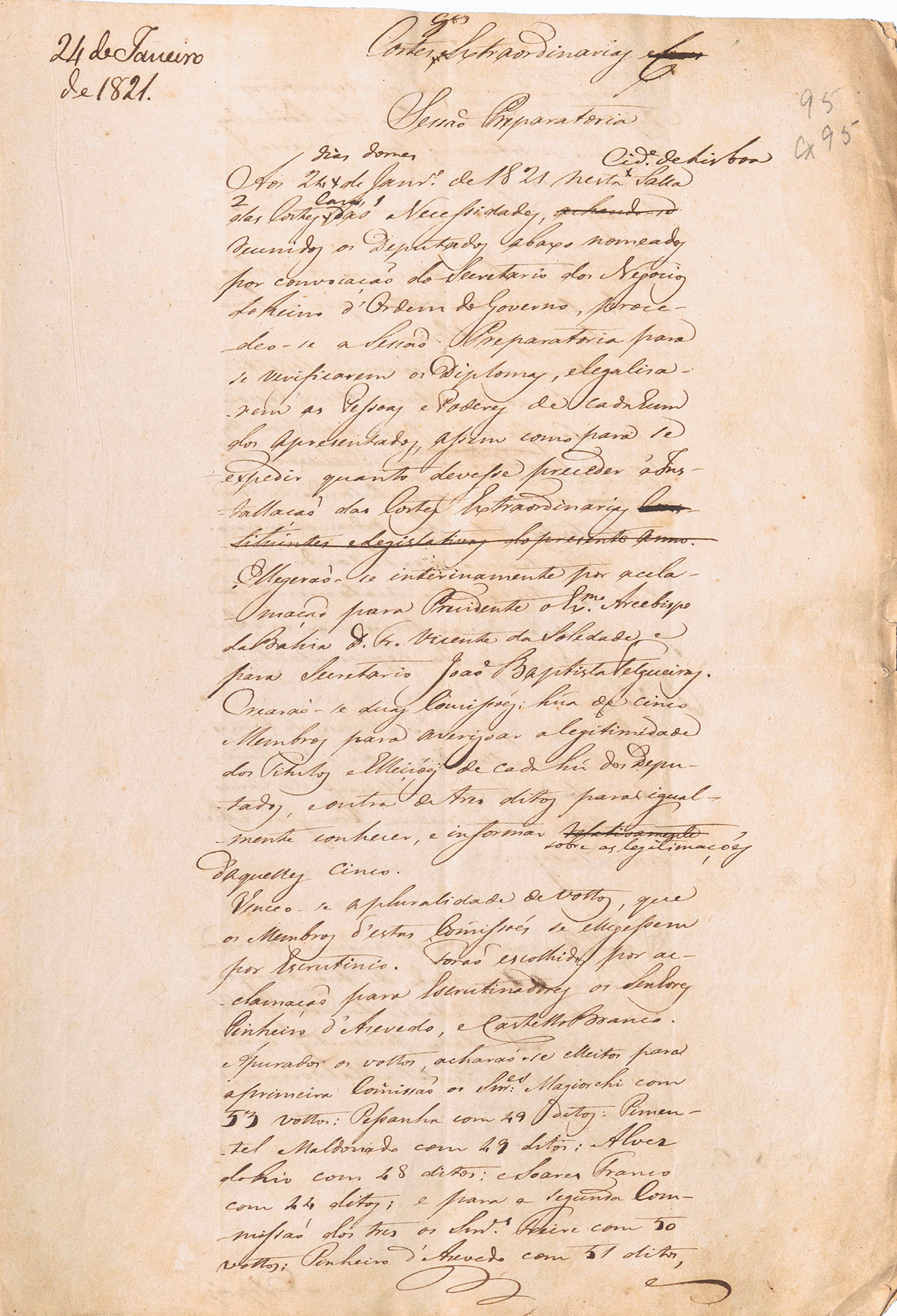 Ata manuscrita da sessão preparatória das Cortes Gerais Extraordinárias e Constituintes, reunidas a 24 de janeiro de 1821.