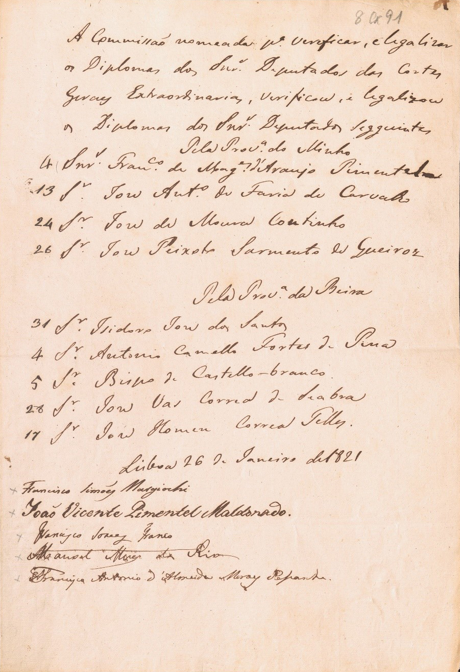 Verificação e legalização dos Diplomas de 9 deputados eleitos pelas Províncias da Beira e do Minho pela Comissão “encarregada dos Títulos e Poderes de todos os Senhores Deputados”. 26 de janeiro de 1821.