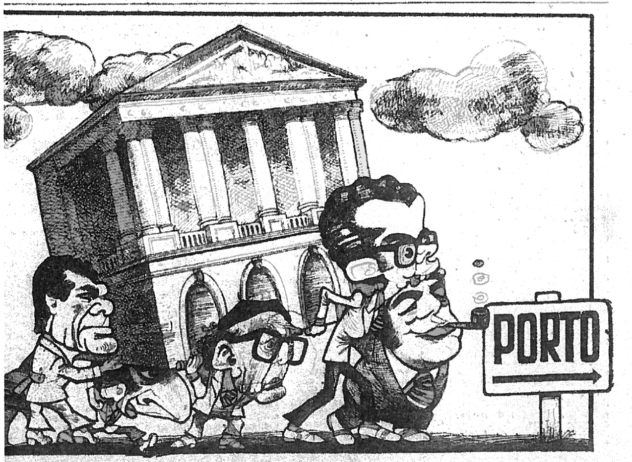 Cartoon alusivo à ameaça de transferência da Assembleia Constituinte para o Porto. "O Século", 21 de novembro de 1975.