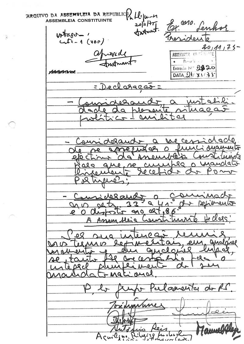Declaração do PS sobre a intenção de a Assembleia Constituinte reunir em qualquer momento e em qualquer lugar