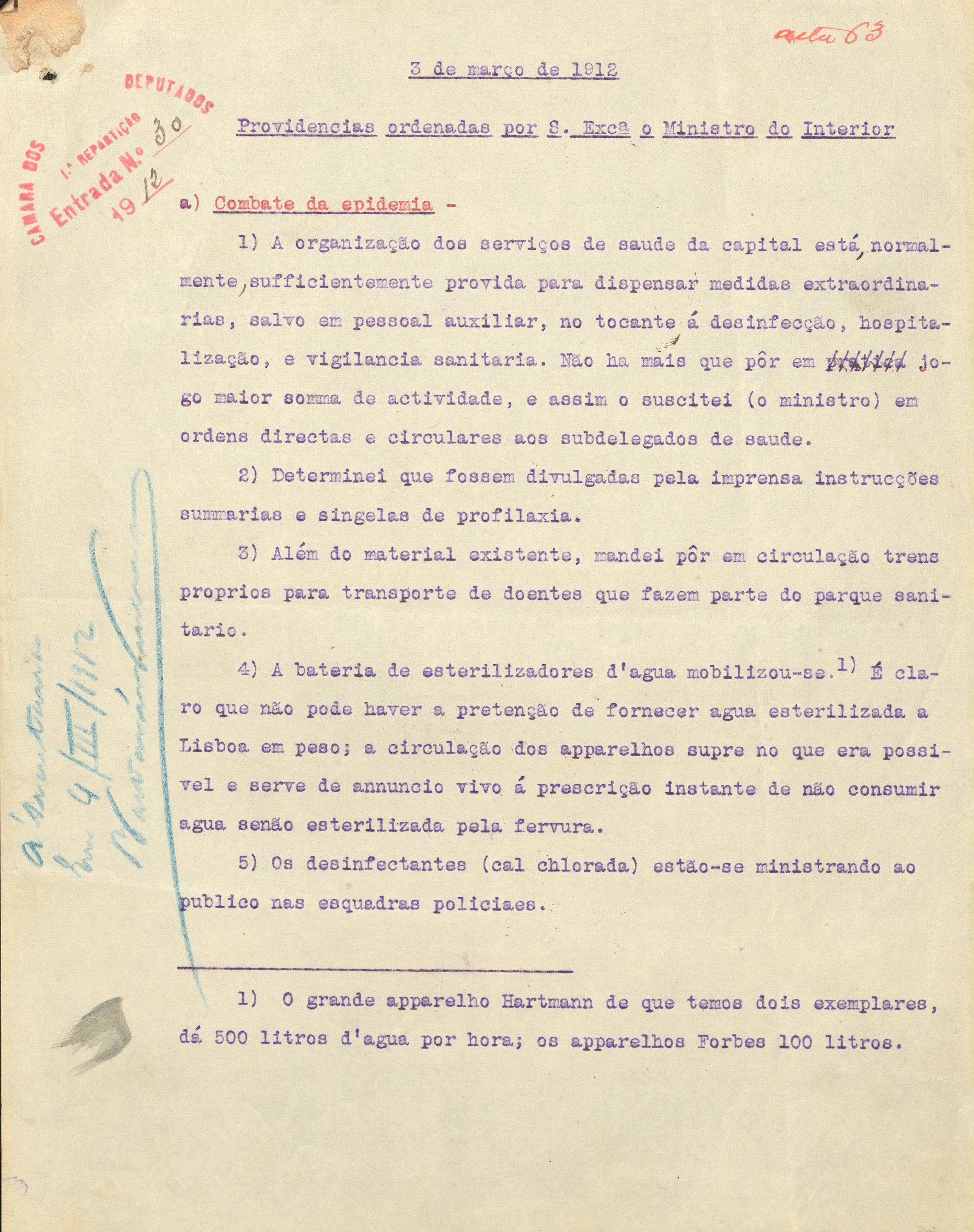 Providências tomadas no combate ao Tifo - 1912