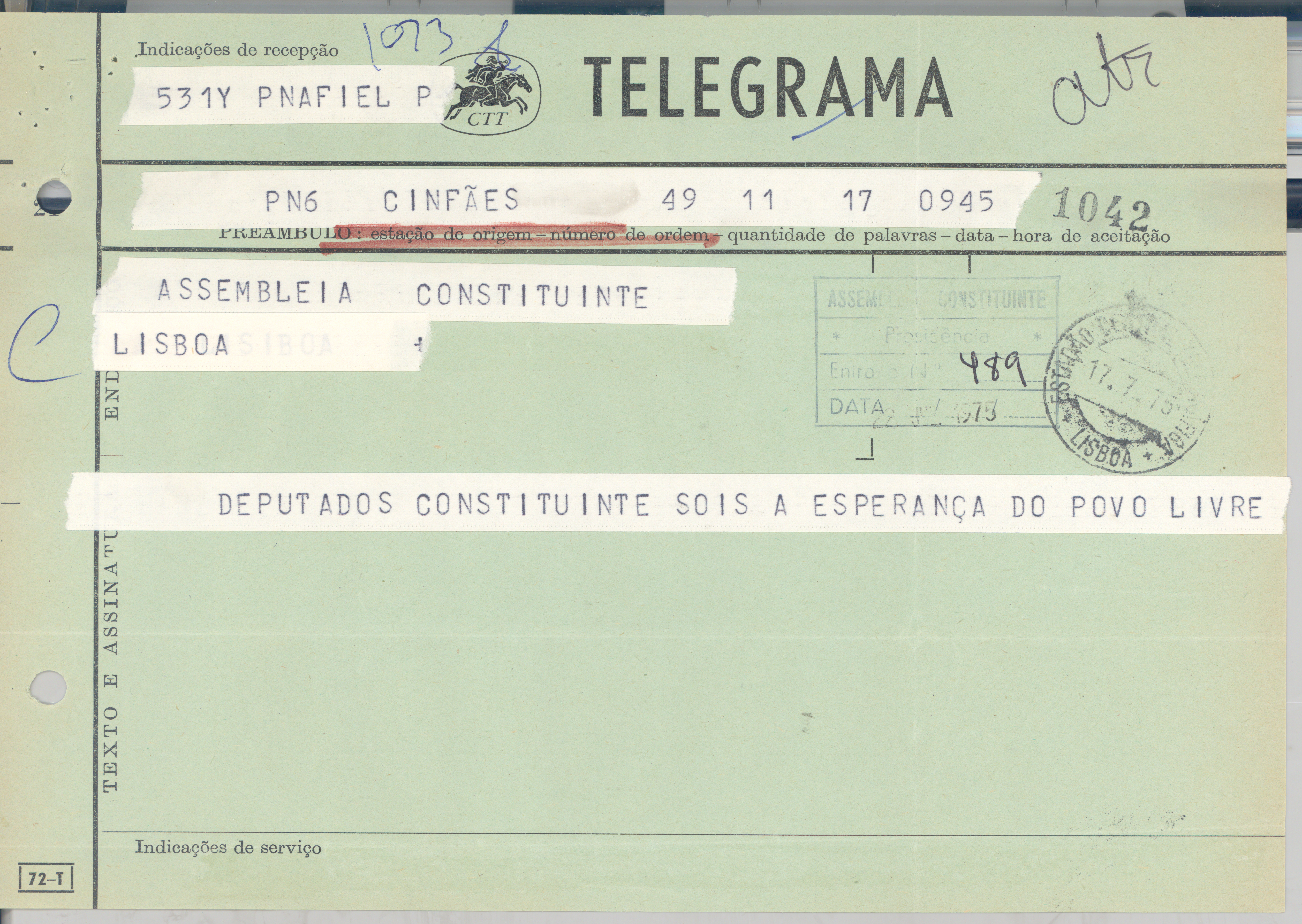 Telegrama enviado à Assembleia Constituinte, Arquivo Histórico Parlamentar.