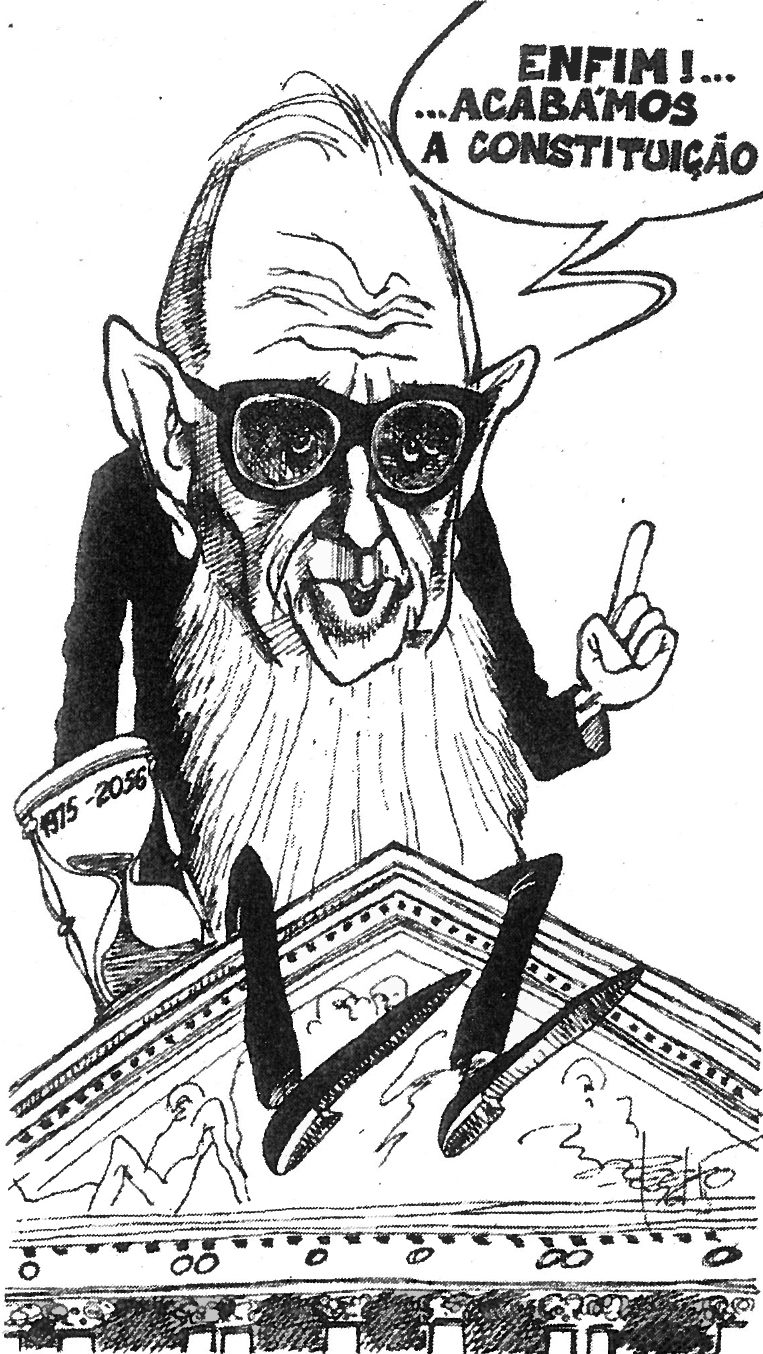 Caricatura de Henrique de Barros, "A Luta", 7 de janeiro de 1976.<<br/><span id='ms-rterangeselectionplaceholder-start'></span>>Biblioteca Nacional de Portugal.
