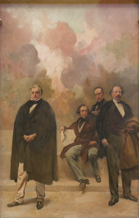 Painel de Columbano Bordalo Pinheiro representando Passos Manuel, Almeida Garrett, Alexandre Herculano e José Estevão de Magalhães, da autoria de Columbano Bordalo Pinheiro. Sala dos Passos Perdidos do Palácio de São Bento