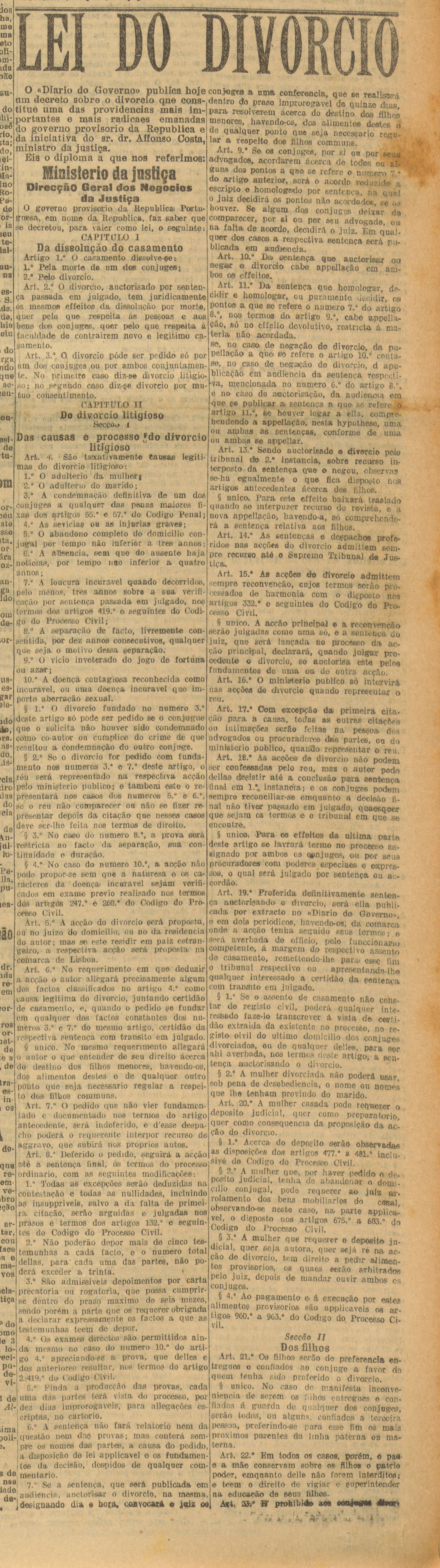 Artigo sobre a lei do divórcio, com o texto integral