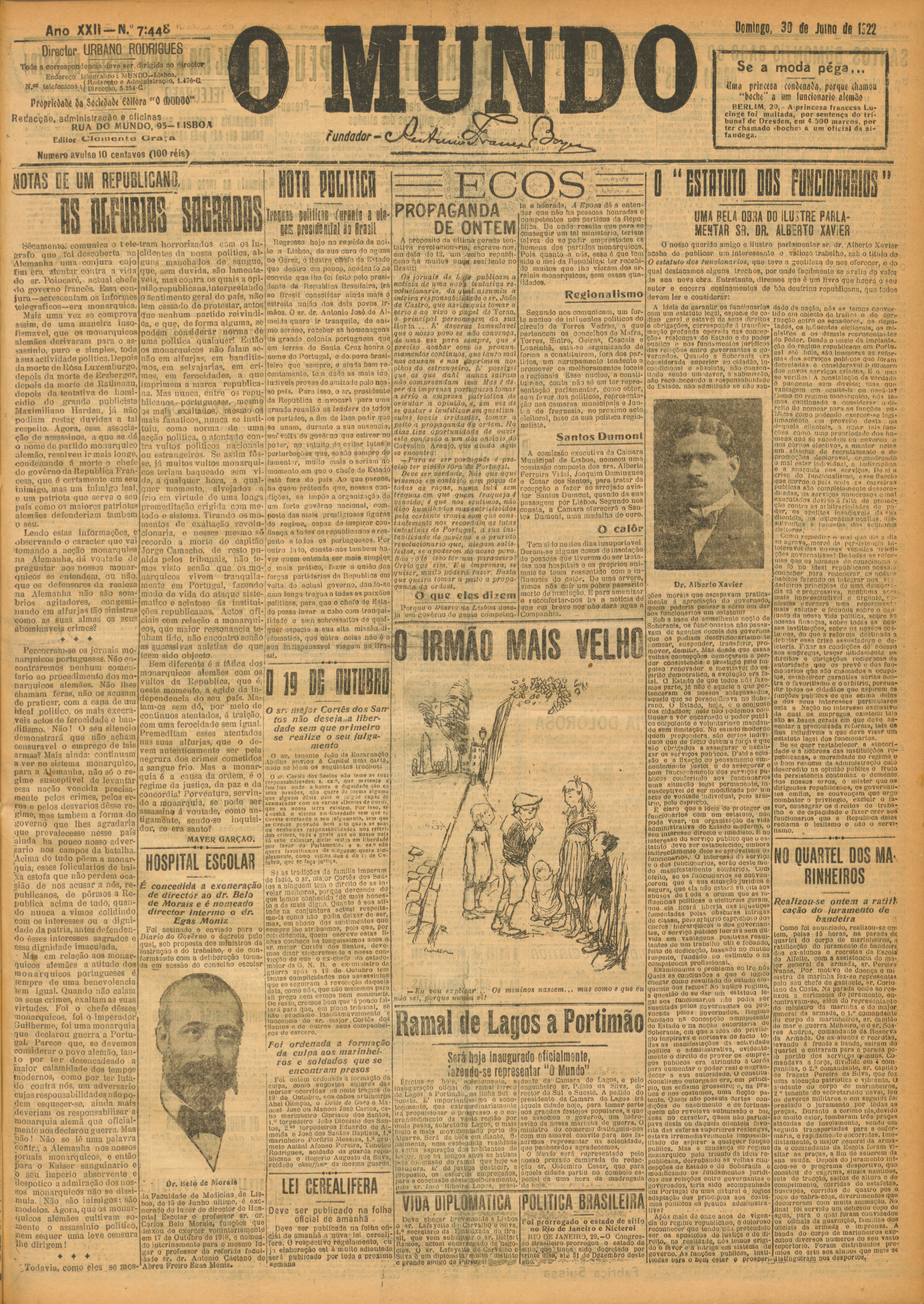 primeira página do jornal 'O Mundo', de 30 de julho de 1922
