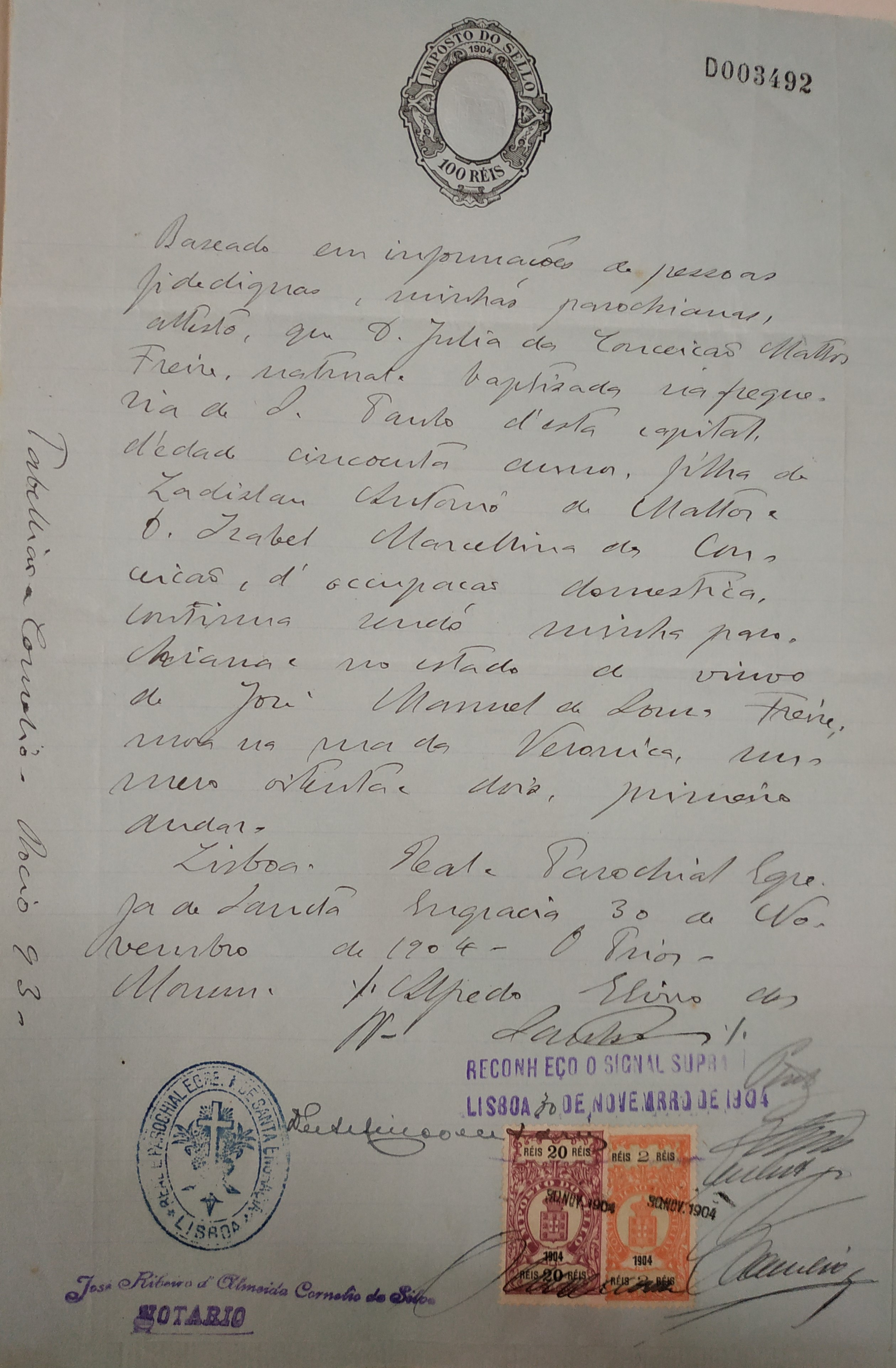Atestados de residência passados a pessoas de família de antigos funcionários da Câmara (1904-1906). Cota AHP: Secção I/II, cx. 635, maço 562, doc. 53.