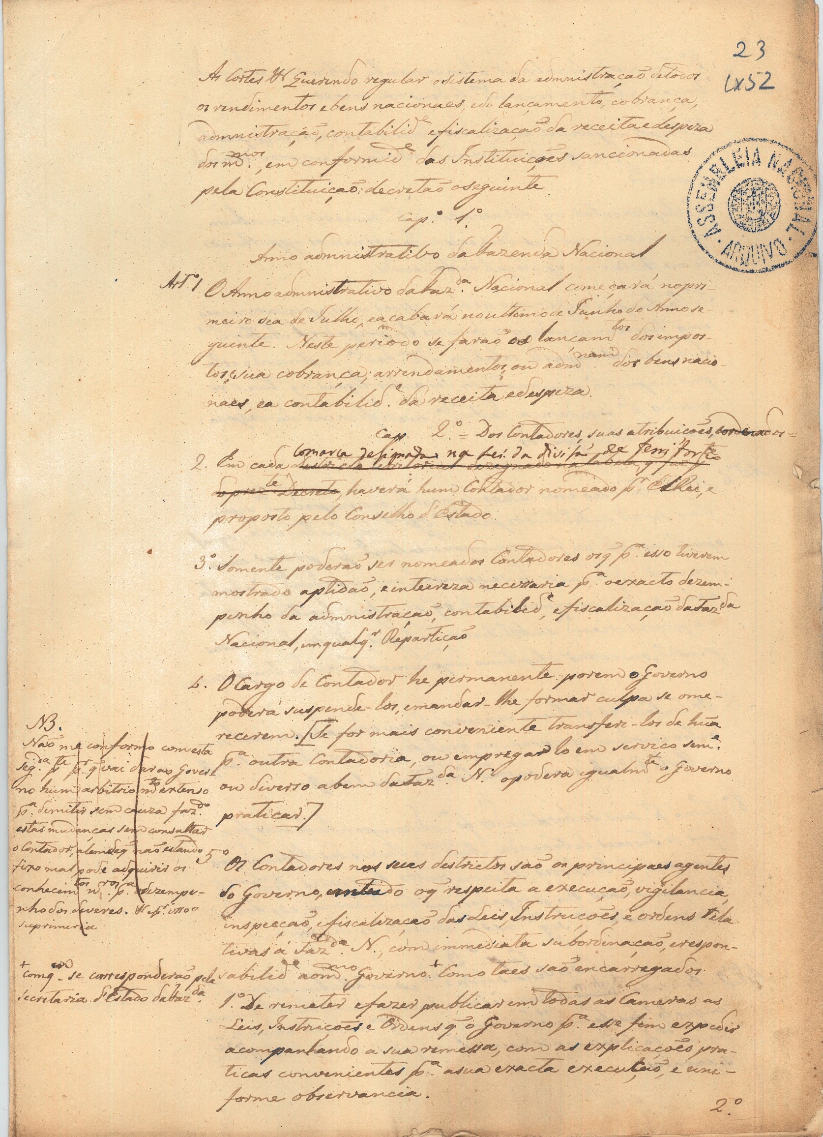 Projeto de Lei apresentado pela Comissão (com revisões e emendas apostas). Cota AHP: Secção I/II, cx. 85, mç. 52, doc. 23.
