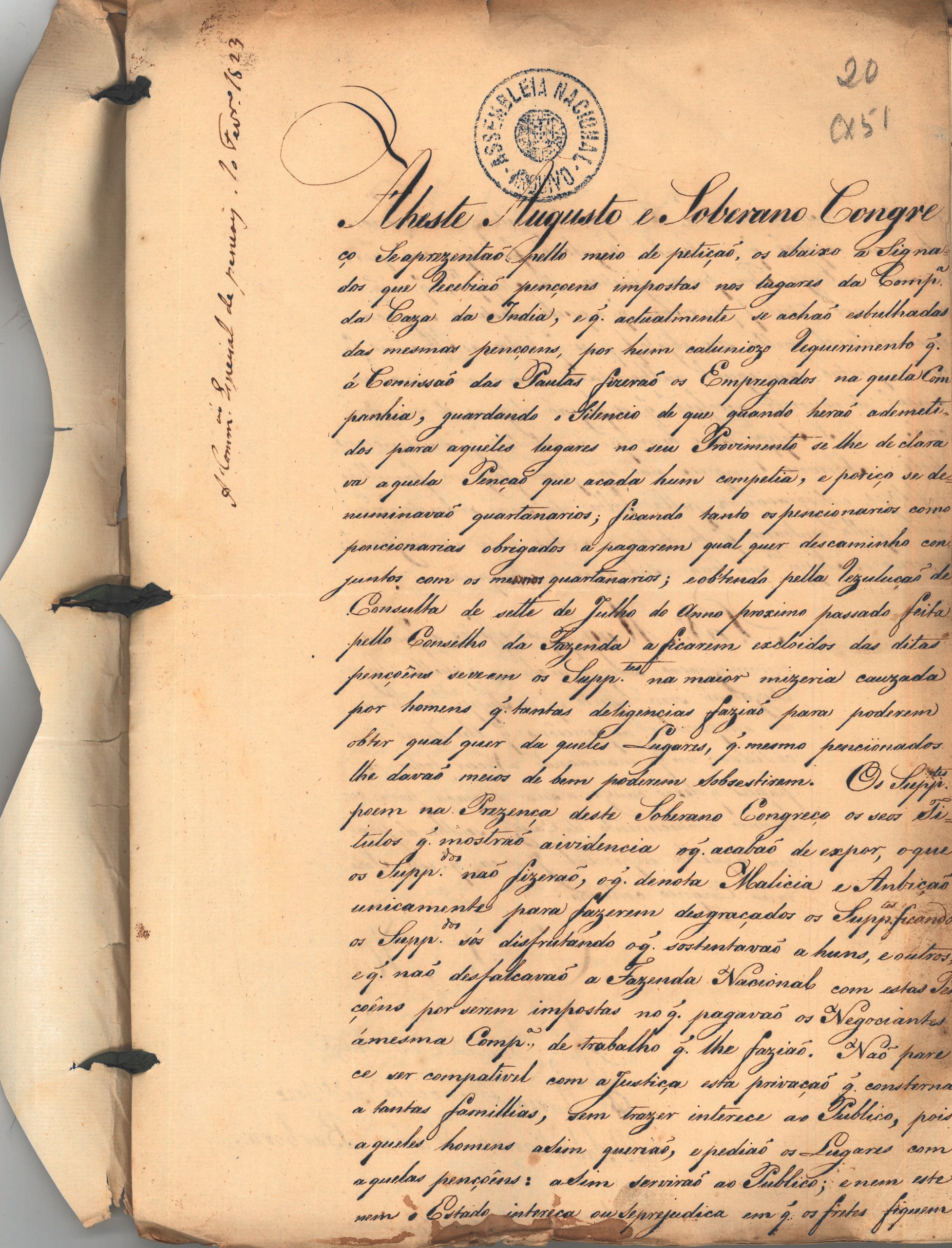 Petição de fevereiro de 1823 a solicitar a reposição das pensões da Companhia da Casa da Índia. Cota AHP: Secção I/II, cx. 83, mç. 51, doc. 20