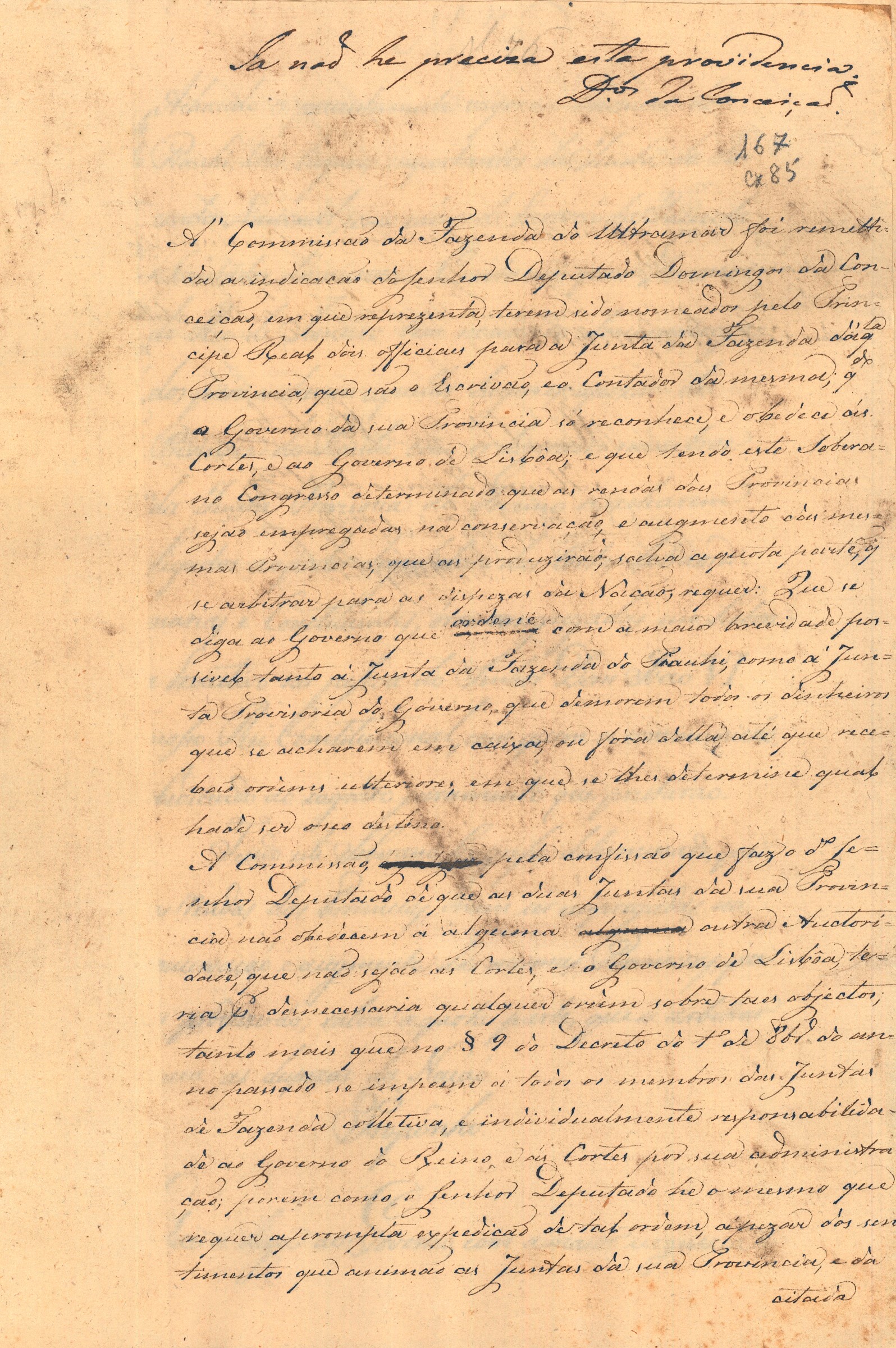 Parecer da Comissão sobre terem sido nomeados para a Província do Piaui um escrivão e um contador da Fazenda. Cota: Secção I/II, cx. 124, mç. 85, doc. 167.