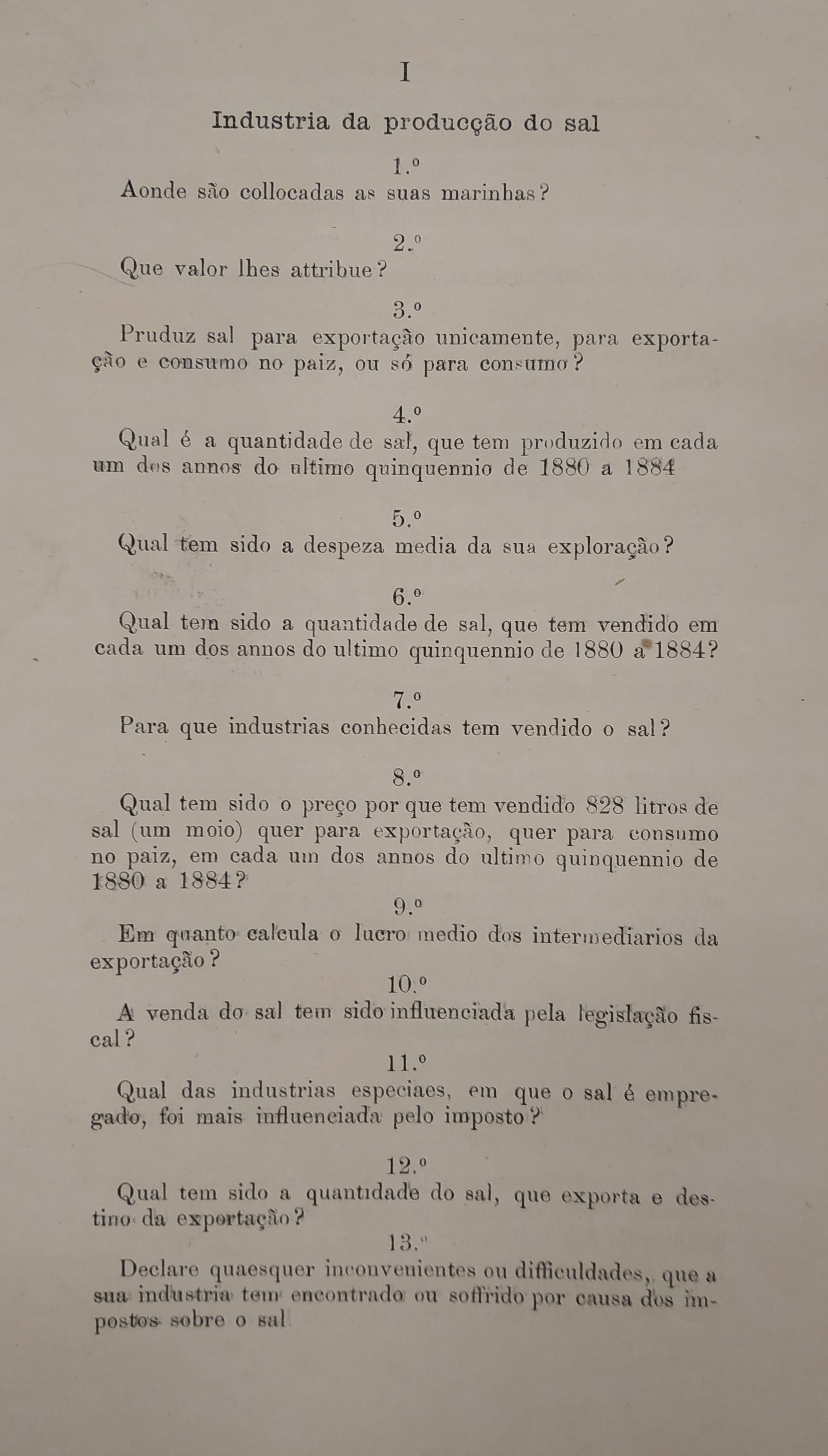 Modelo do inquérito sobre a produção e imposto do sal. Cota AHP: Secção I/II, cx. 487, mç. 405, doc. 7.