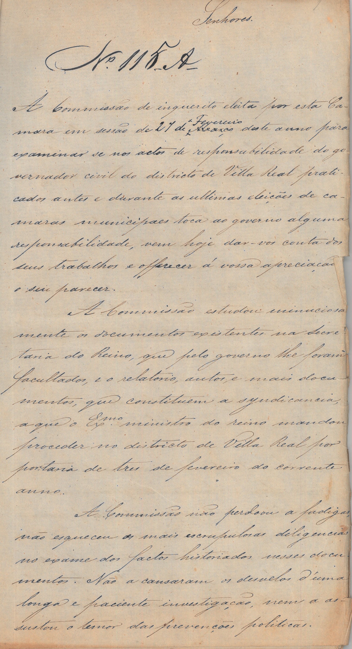 Ata n.º 108, de 24 de maio de 1864, onde se conclui não haver responsabilidade do Governo por ocasião dos acontecimentos das eleições municipais em Vila Real. Cota AHP: Secção I/II, cx. 556, mç. 480, doc. 115.
