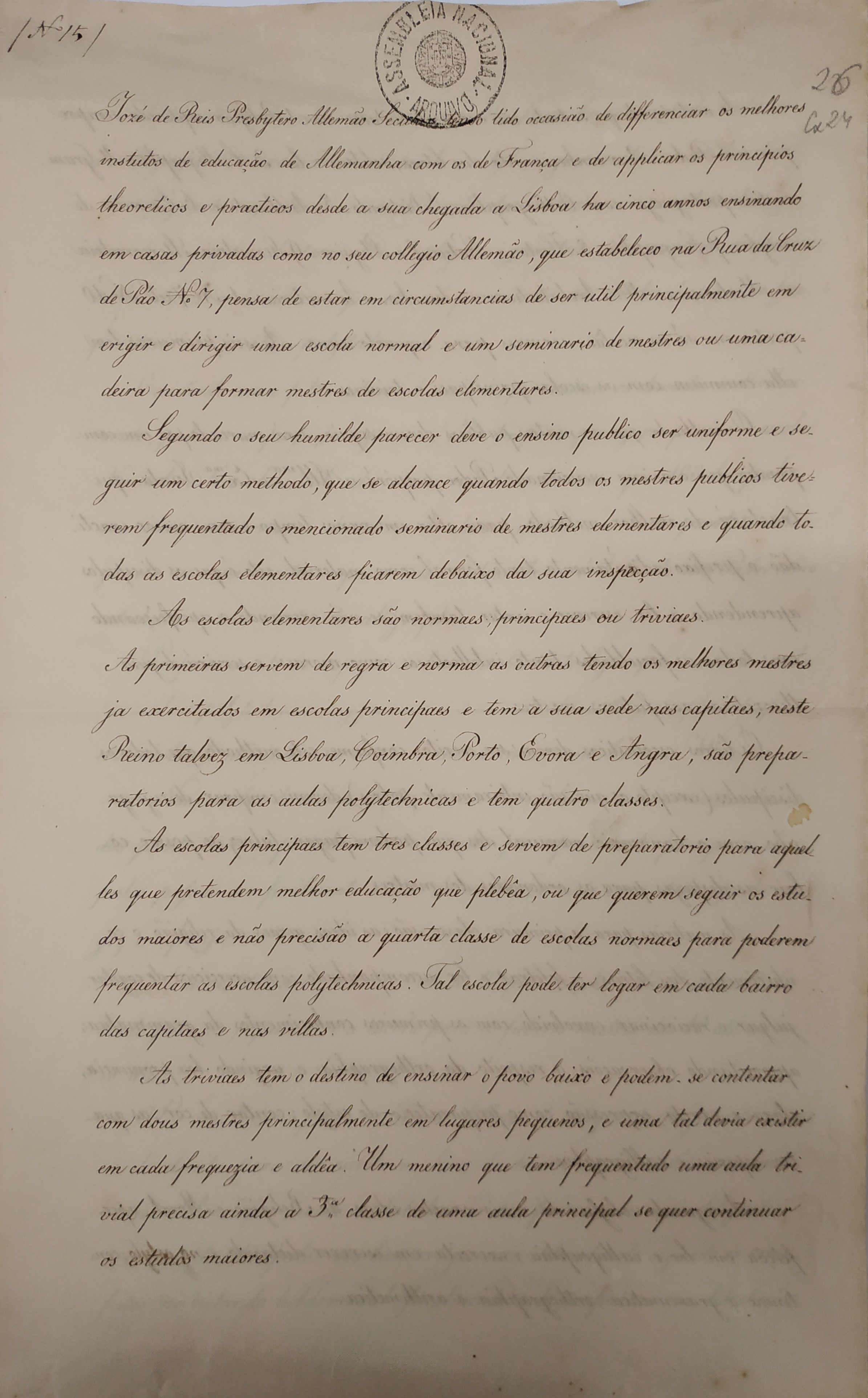 Memória, de 5 de dezembro de 1833, de José de Reis, presbítero alemão, professor em casas privadas,