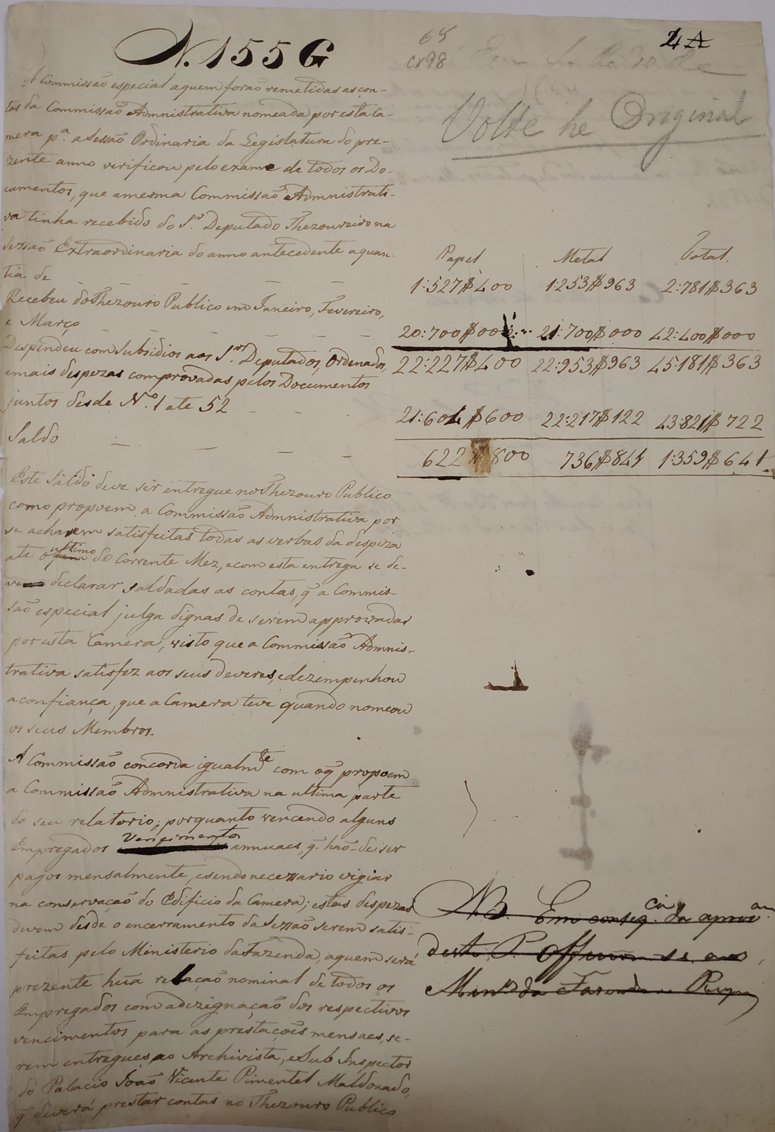 Parecer de 30 de março de 1827 da Comissão encarregada de examinar o relatório da Comissão Administrativa. Cota AHP: Secção I/II, cx. 141, mç. 98, doc. 65.