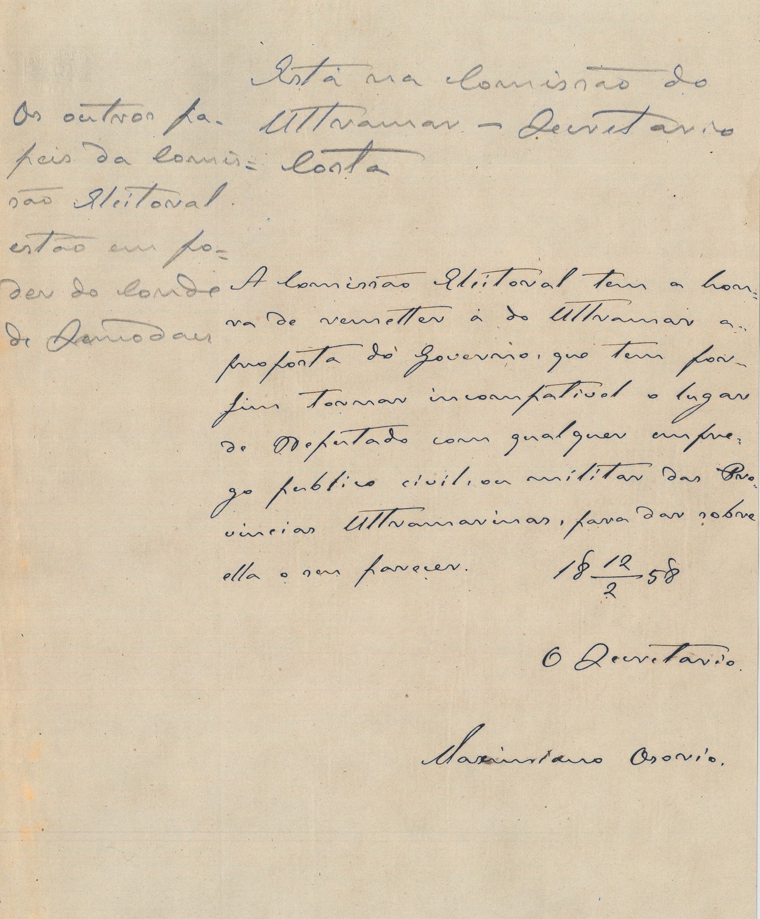 Ofício, datado de 12 de fevereiro de 1858, redigido pelo secretário da Comissão, Maximiano Osório, em que indica que a Comissão eleitoral remete à Comissão do Ultramar, para dar parecer, uma proposta do Governo de