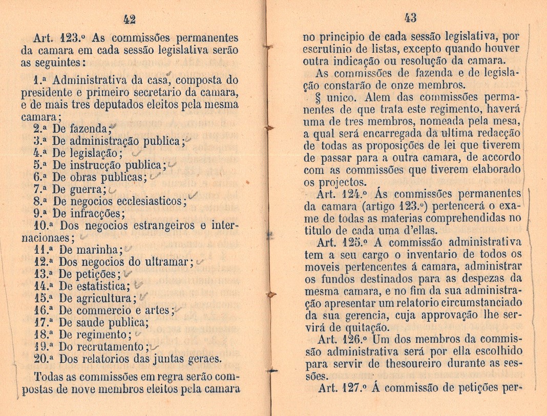 Excerto do Regimento Interno da Câmara dos Senhores Deputados seguido da Carta Constitucional e da legislação relativa à mesma Câmara, de 22 de março de 1876, com o elenco das Comissões Permanentes.