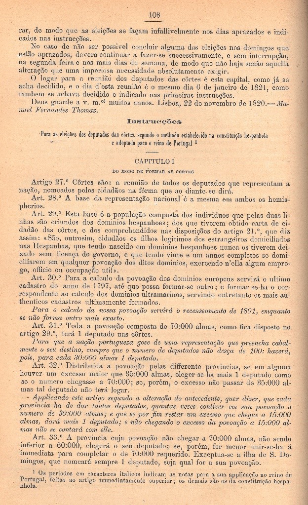 Instruções para as Eleições dos Deputados das Cortes, segundo o Método estabelecido na Constituição Espanhola, e adotado para o Reino de Portugal, 22 de novembro de 1820