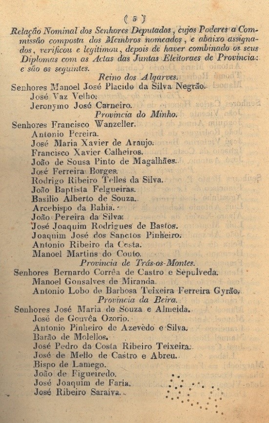 Actas das Sessões das Cortes Geraes, Extraordinárias, e Constituintes da Nação Portugueza, congregadas no anno de 1821. Tomo I. Lisboa: Imprensa Nacional, 1821, pp. 5-6.
