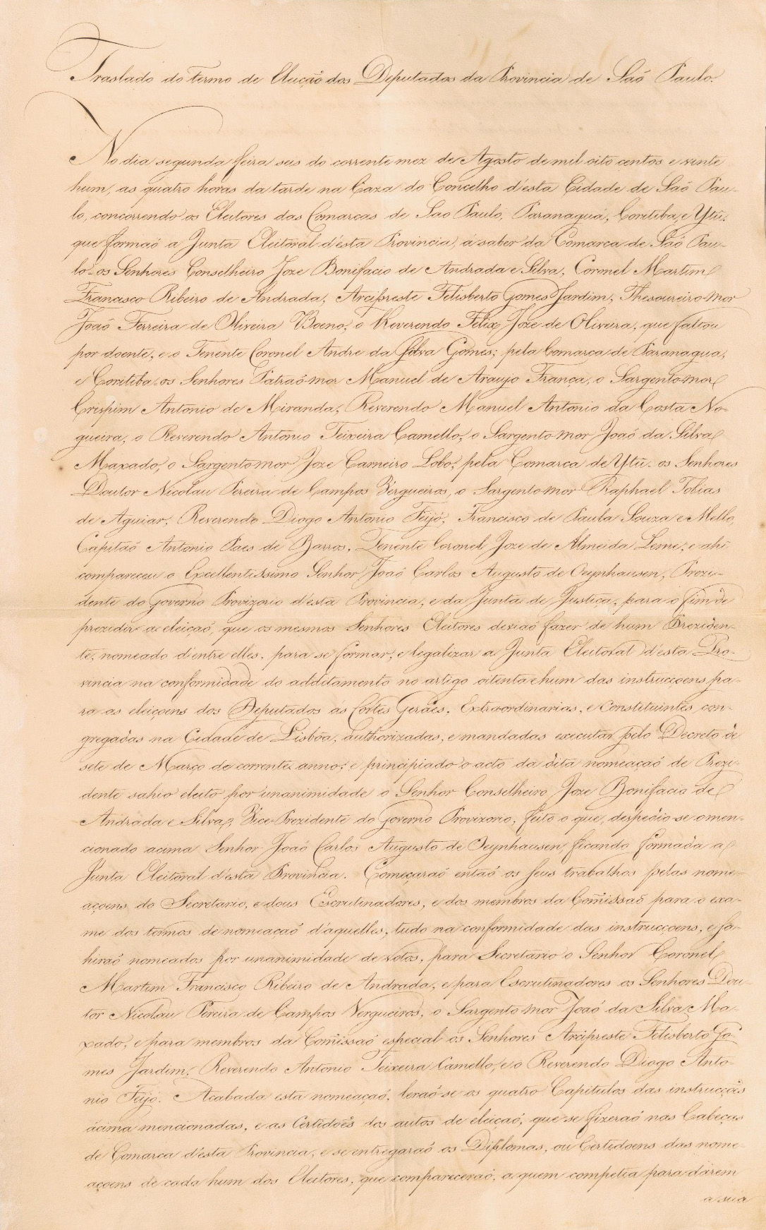 Cópia da Ata da Junta Eleitoral da Província de São Paulo – Auto de eleição. 6 de agosto de 1821.