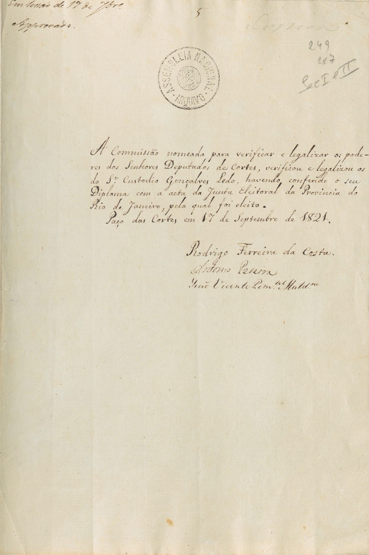 Declaração de Verificação de Poderes de Custódio Gonçalves Ledo, deputado eleito pela Província do Rio de Janeiro. 17 de setembro de 1821.