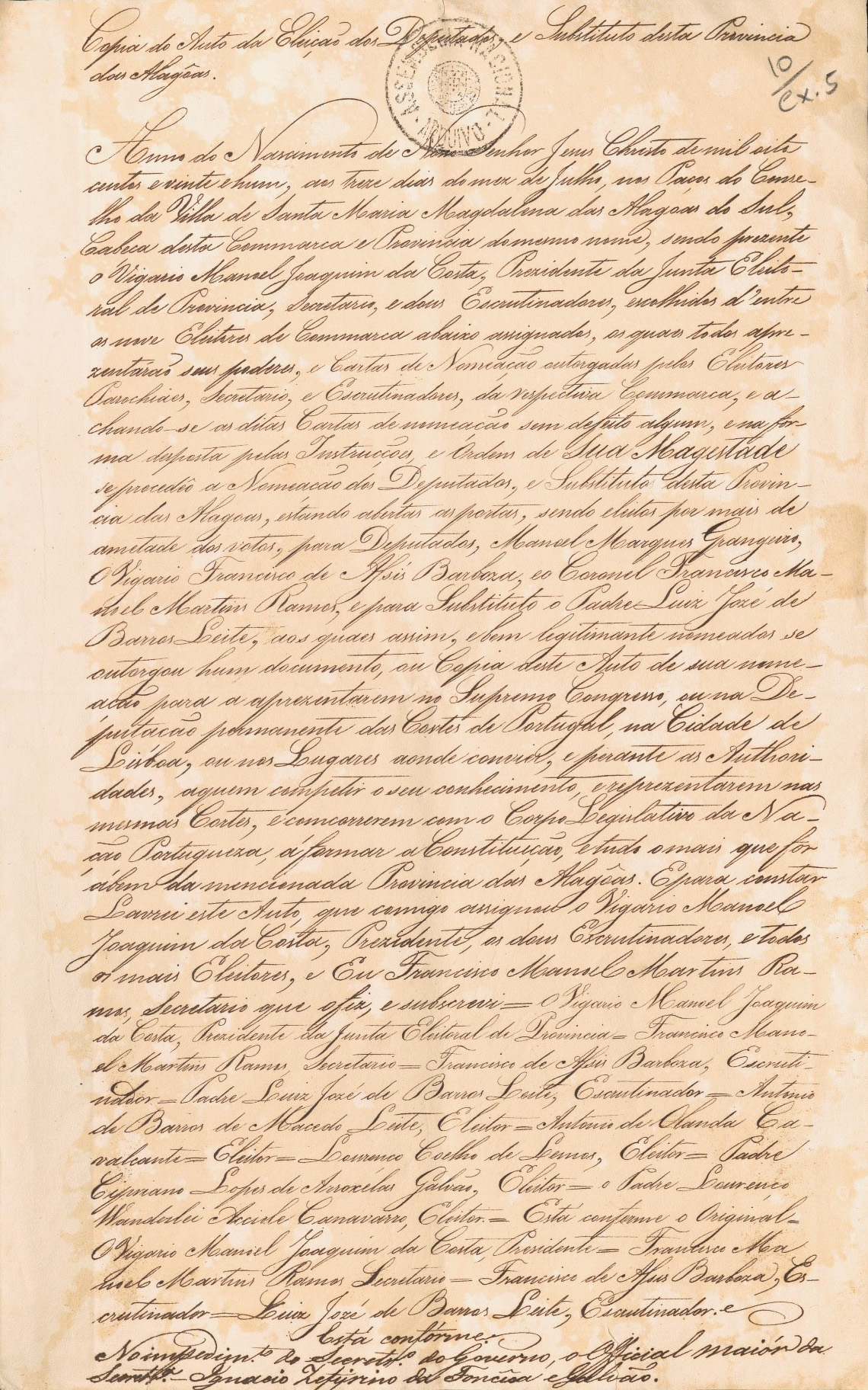 Cópia da Ata da Junta Eleitoral da Província de Alagôas – Auto de eleição. 13 de julho de 1821.