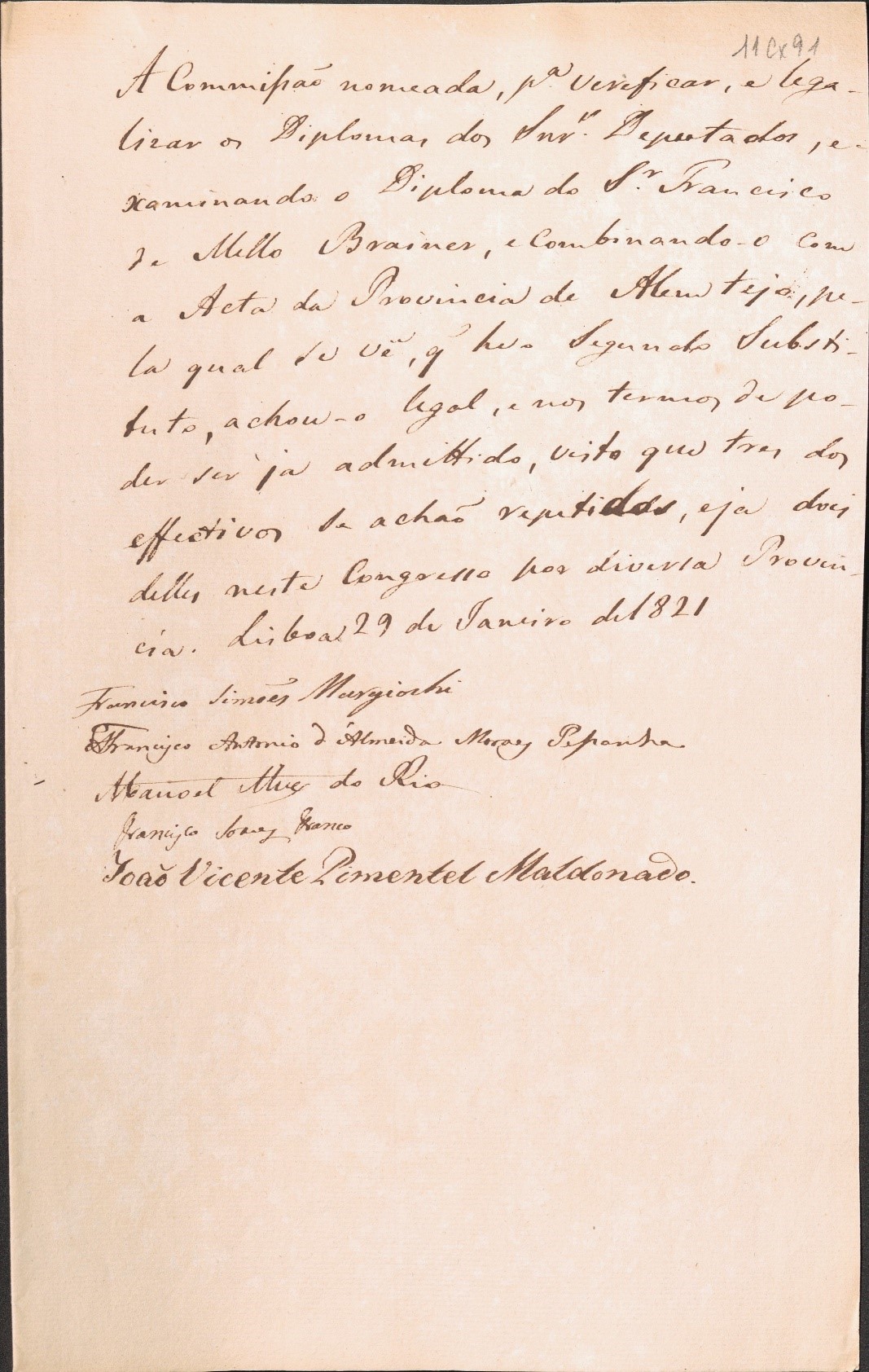 Verificação e legalização dos poderes de Francisco de Melo Brainer, deputado eleito pela Província do Alentejo.   29 de janeiro de 1821.