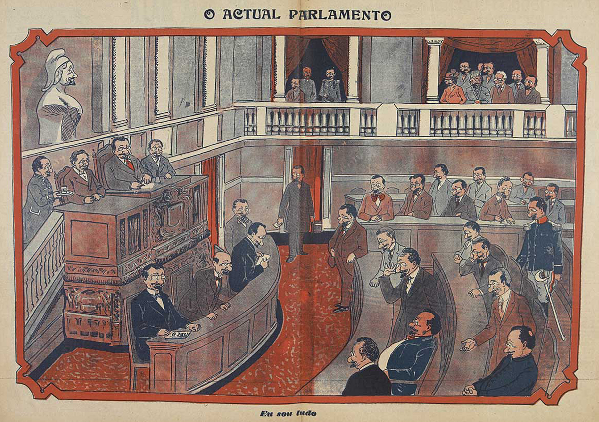 Caricatura alusiva à hegemonia do Partido Democrático de Afonso Costa no Parlamento