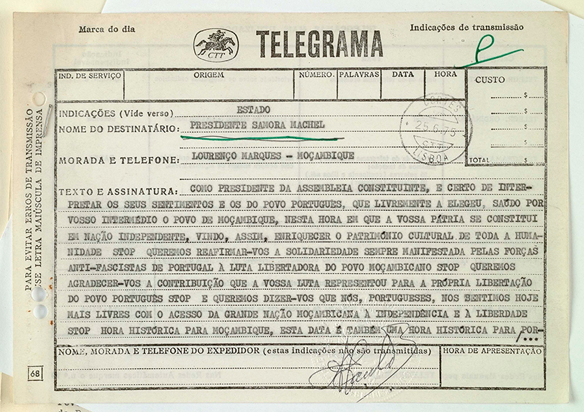Telegrama enviado pelo Presidente da República ao Presidente da Moçambique