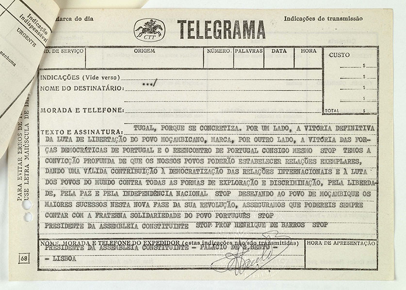 Telegrama enviado pelo Presidente da República ao Presidente da Moçambique