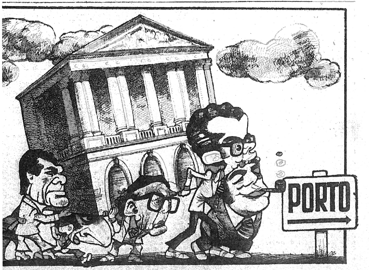 Cartoon alusivo à ameaça de transferência da Assembleia Constituinte para o Porto. "O Século", 21 de novembro de 1975.