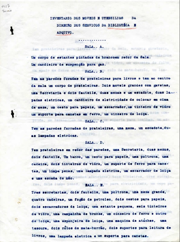 Inventário dos móveis e utensílios da Direção dos Serviços de Biblioteca e Arquivo. 20 de maio de 1927. Cota AHP: Secção XV, cx. 2, mç. 1