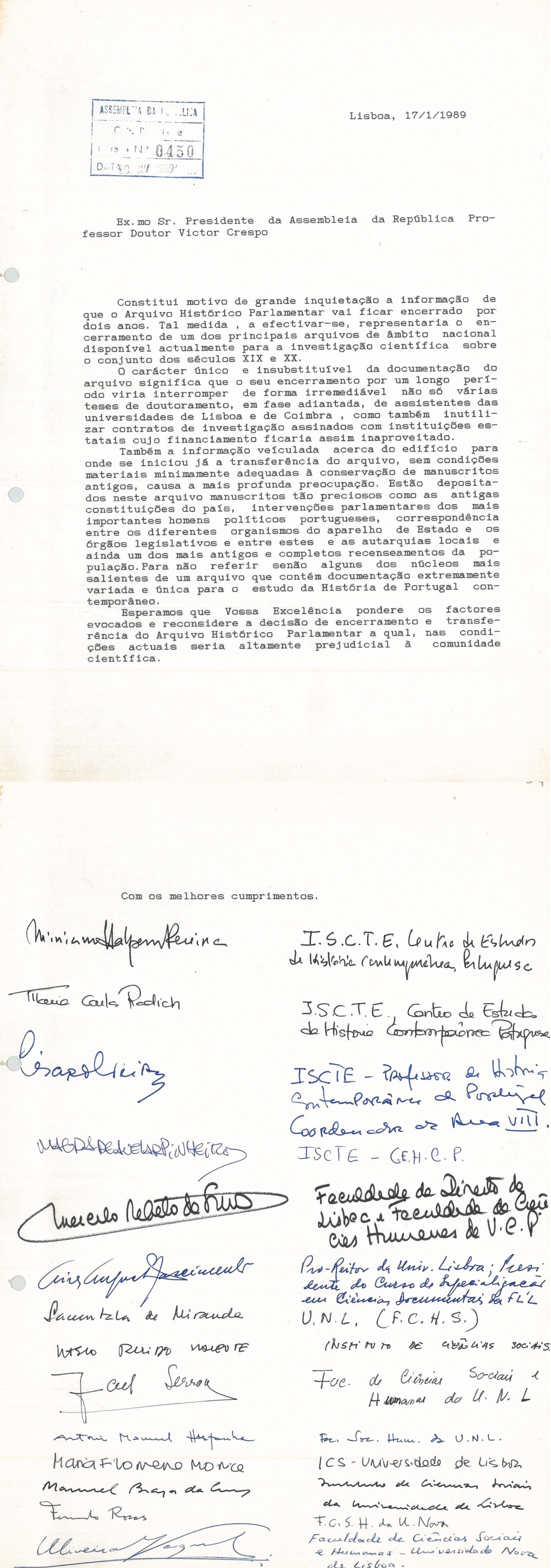 Abaixo assinado enviado em janeiro de 1989, protestando contra o fecho do AHP ao público. Cota AHP: GABSG, cx. 99, mç. 1.