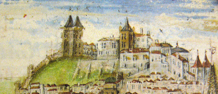 Castelo de São Jorge e as muralhas da cidadePormenor de panorama geral de Lisboa durante o cerco de D. Afonso Henriques