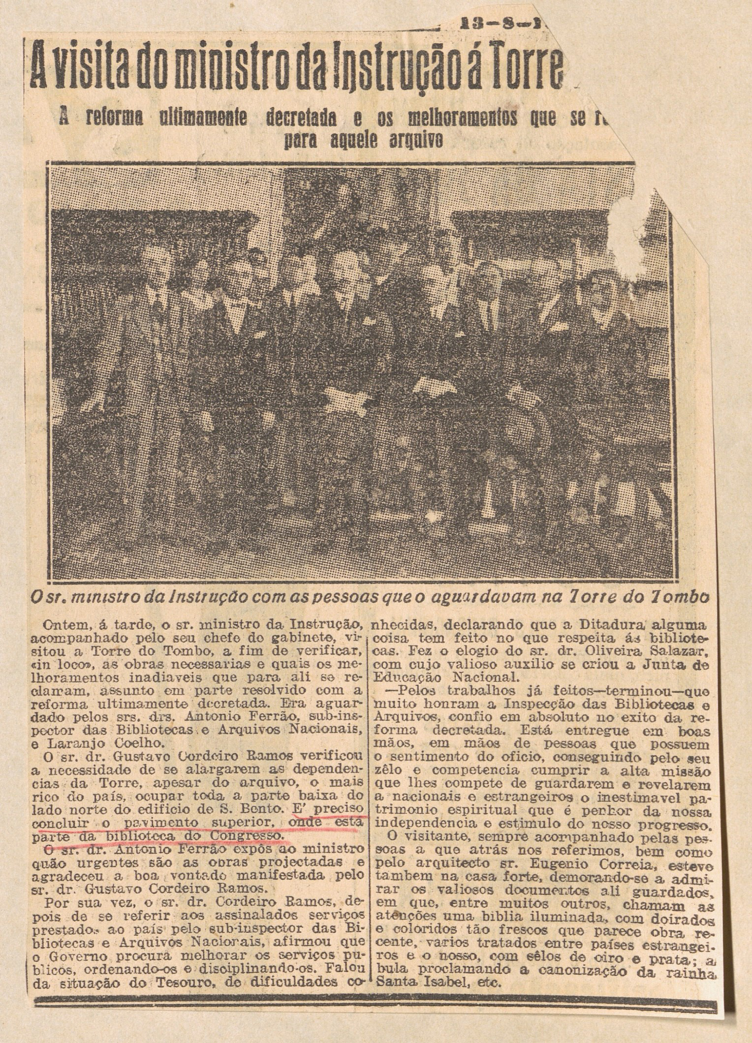 Notícia sobre a visita do Ministro da Instrução à Torre do Tombo, Diário de Notícias, 13-08-1931