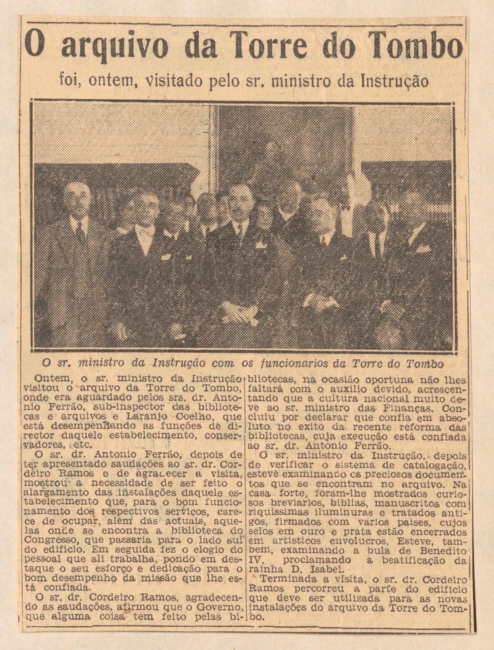 Notícia sobre a visita do Ministro da Instrução à Torre do Tombo, O Século, 13-08-1931