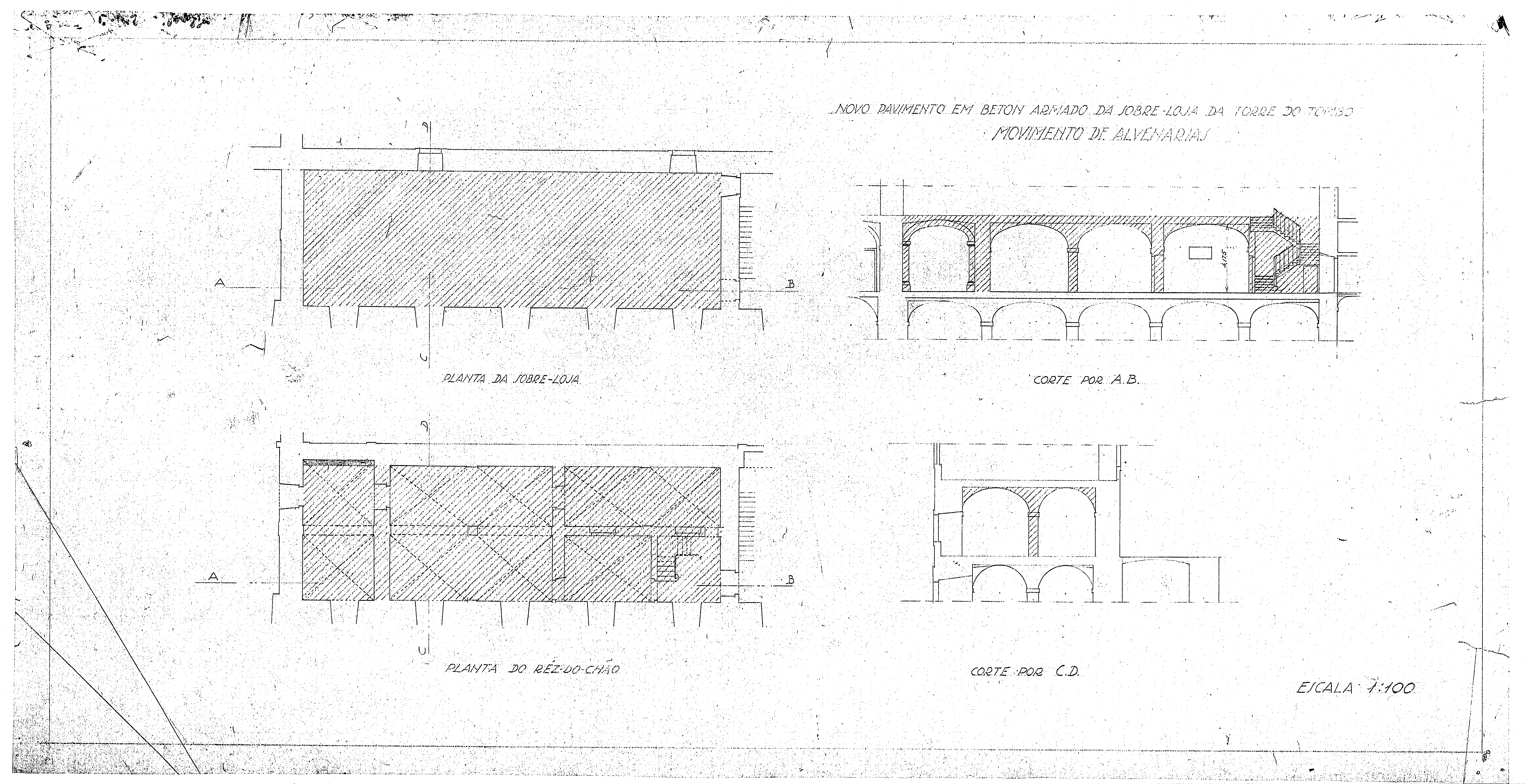 Plantas e cortes do projeto para novo pavimento em betão armado da sobreloja da Torre do Tombo, com indicação do movimento de alvenarias