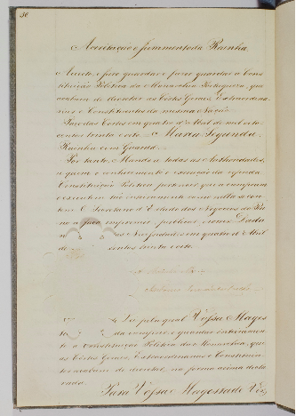 última página da Constituição de 1838, com a assinatura da Rainha.
