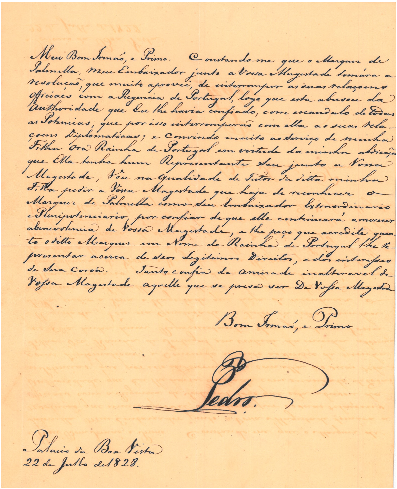 Carta de D. Pedro a Jorge IV pedindo para o Rei inglês reconheceimento do Marquês de Palmela junto da sua corte. 