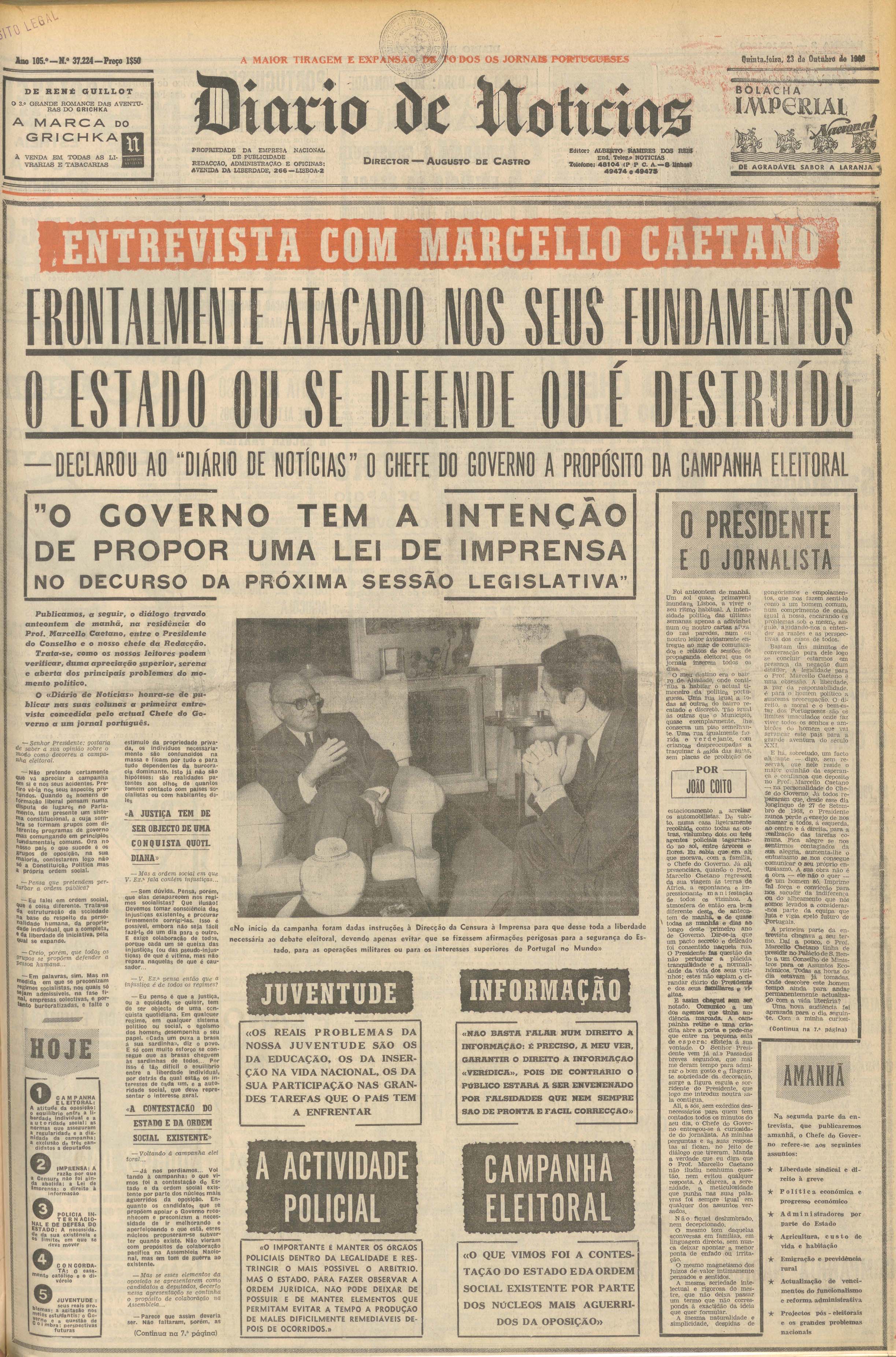 Diário de Notícias, capa da edição de 23 de outubro de 1969. Lisboa. Hemeroteca Municipal de Lisboa.