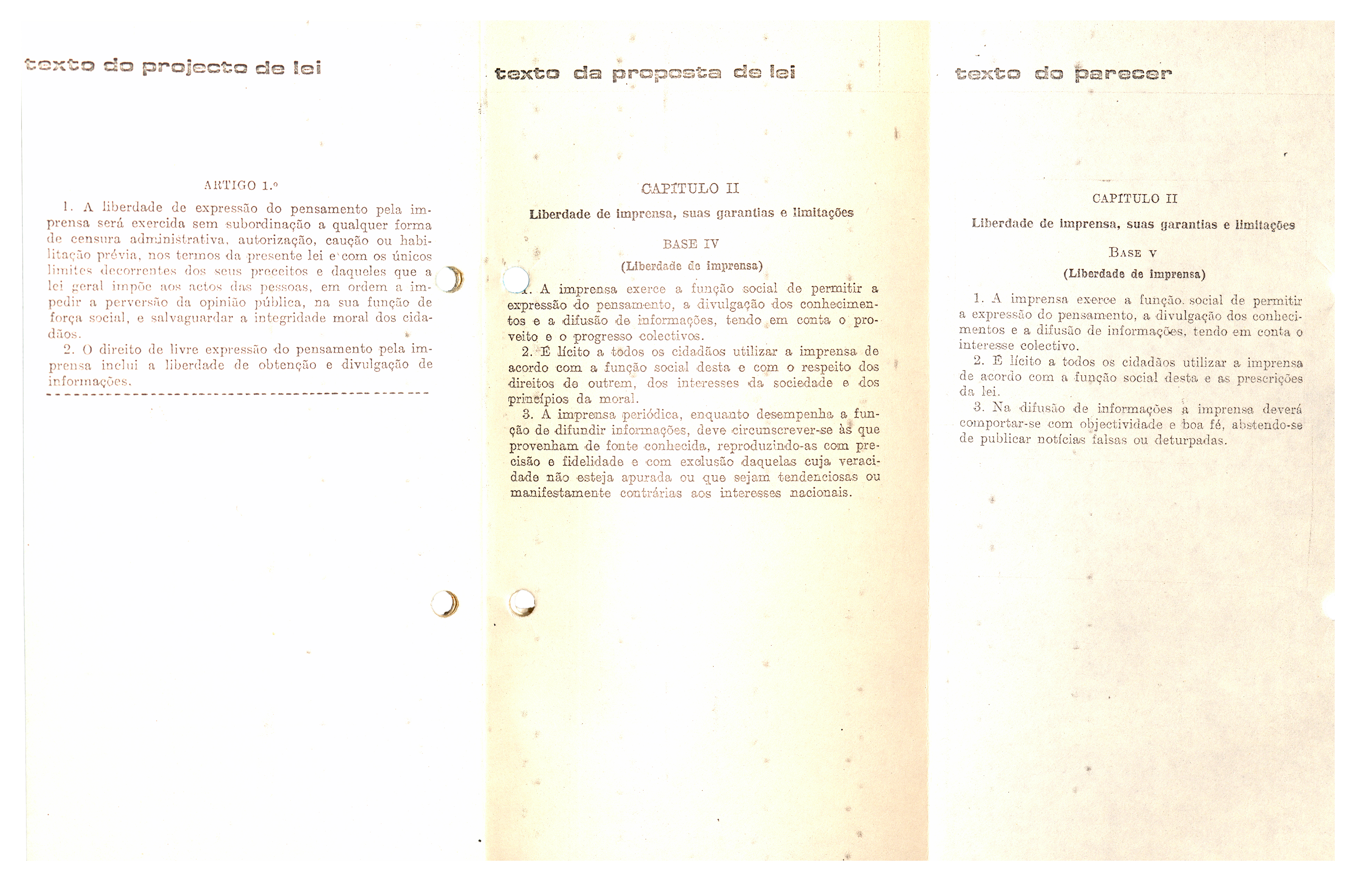 Comparaçã​o entre os textos do Projeto de Lei nº 5/X, da Proposta de Lei nº 13/X e do parecer da Câmara Corporativa, relativamente à definição de Imprensa. Gazeta de Lisboa n.º 1, 1971.