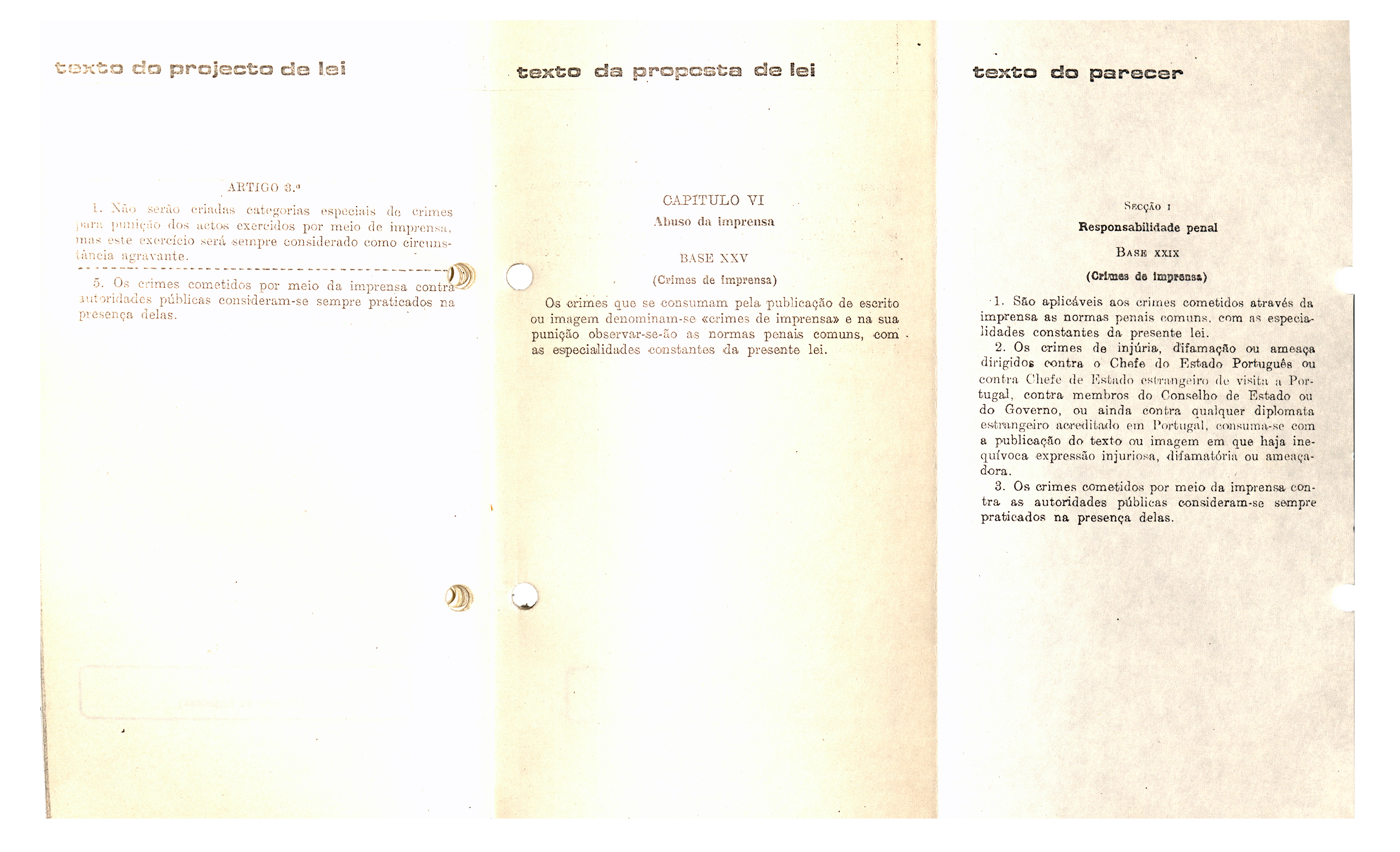 Comparaçã​o entre os textos do Projeto de Lei nº 5/X, da Proposta de Lei nº 13/X e do parecer da Câmara Corporativa, relativamente à definição de Imprensa. Gazeta de Lisboa n.º 1, 1971.