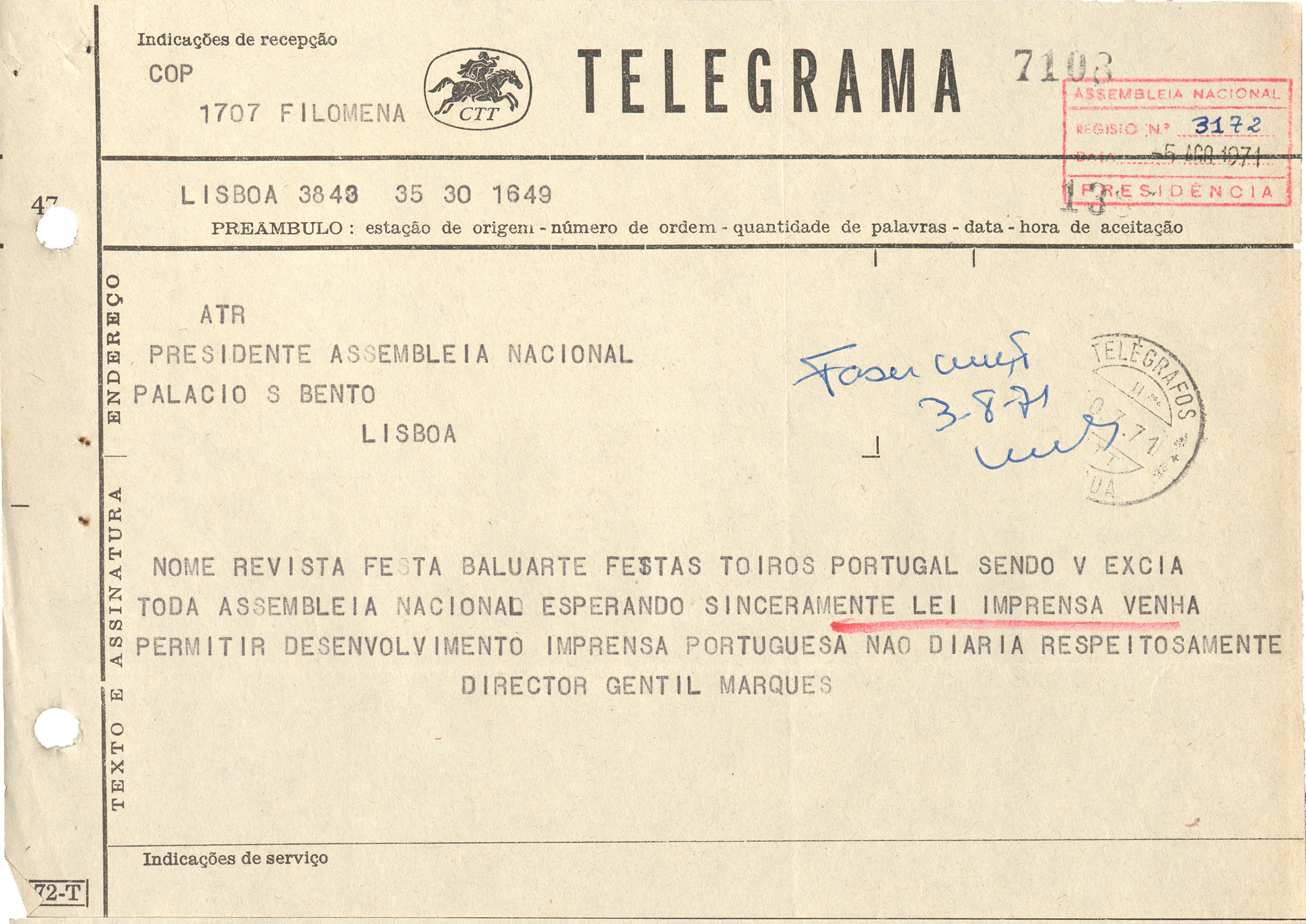 Telegrama de Apoio ou repúdio à nova Lei de Imprensa (1971).