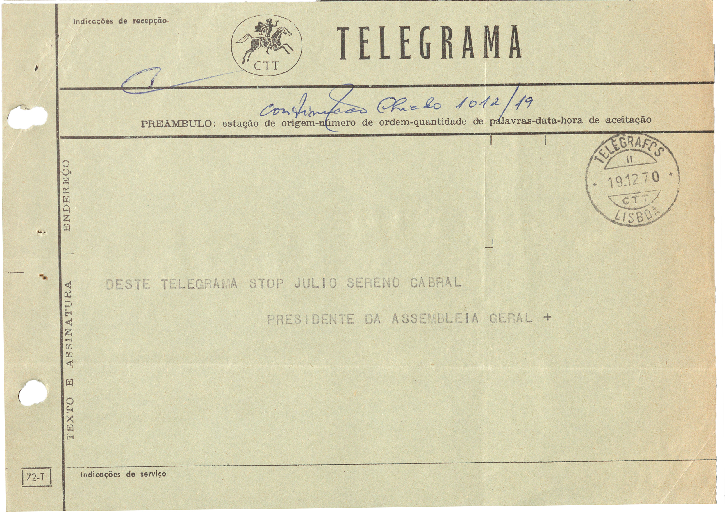 Telegrama de Apoio ou repúdio à nova Lei de Imprensa (1971).