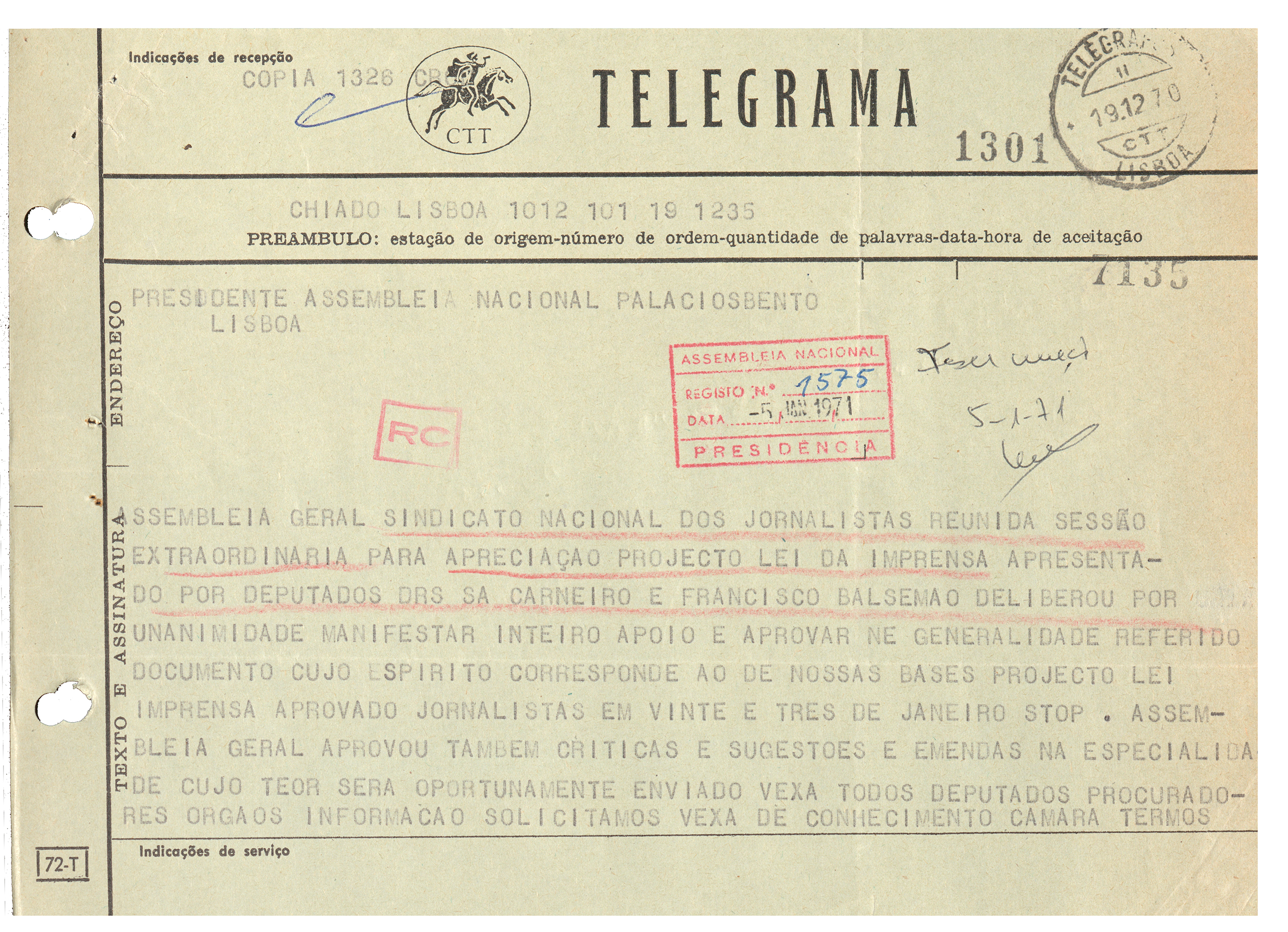 Telegrama de Apoio ou repúdio à nova Lei de Imprensa (1971).