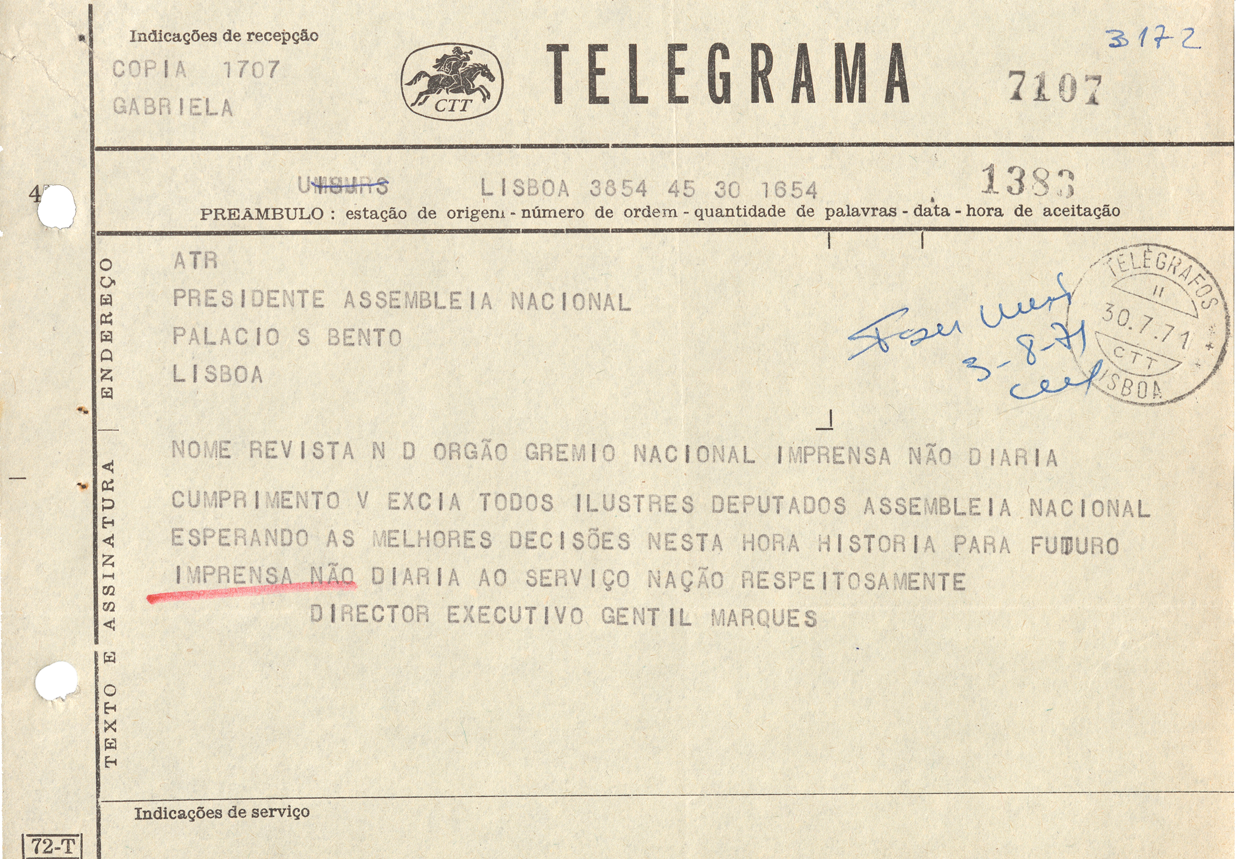 Telegrama de Apoio ou repúdio à nova Lei de Imprensa (1971).
