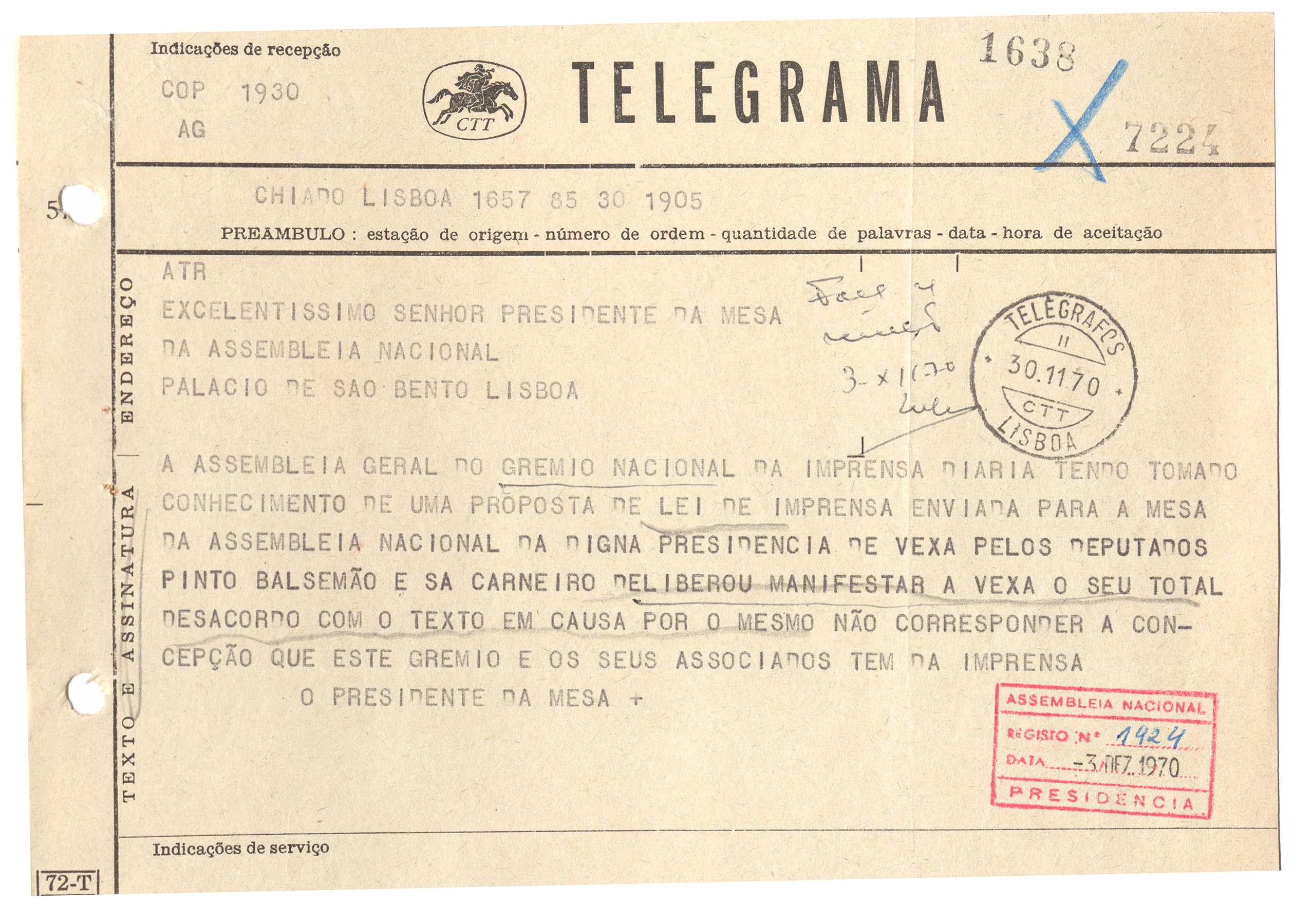 Telegrama de Apoio ou repúdio à nova Lei de Imprensa (1971).