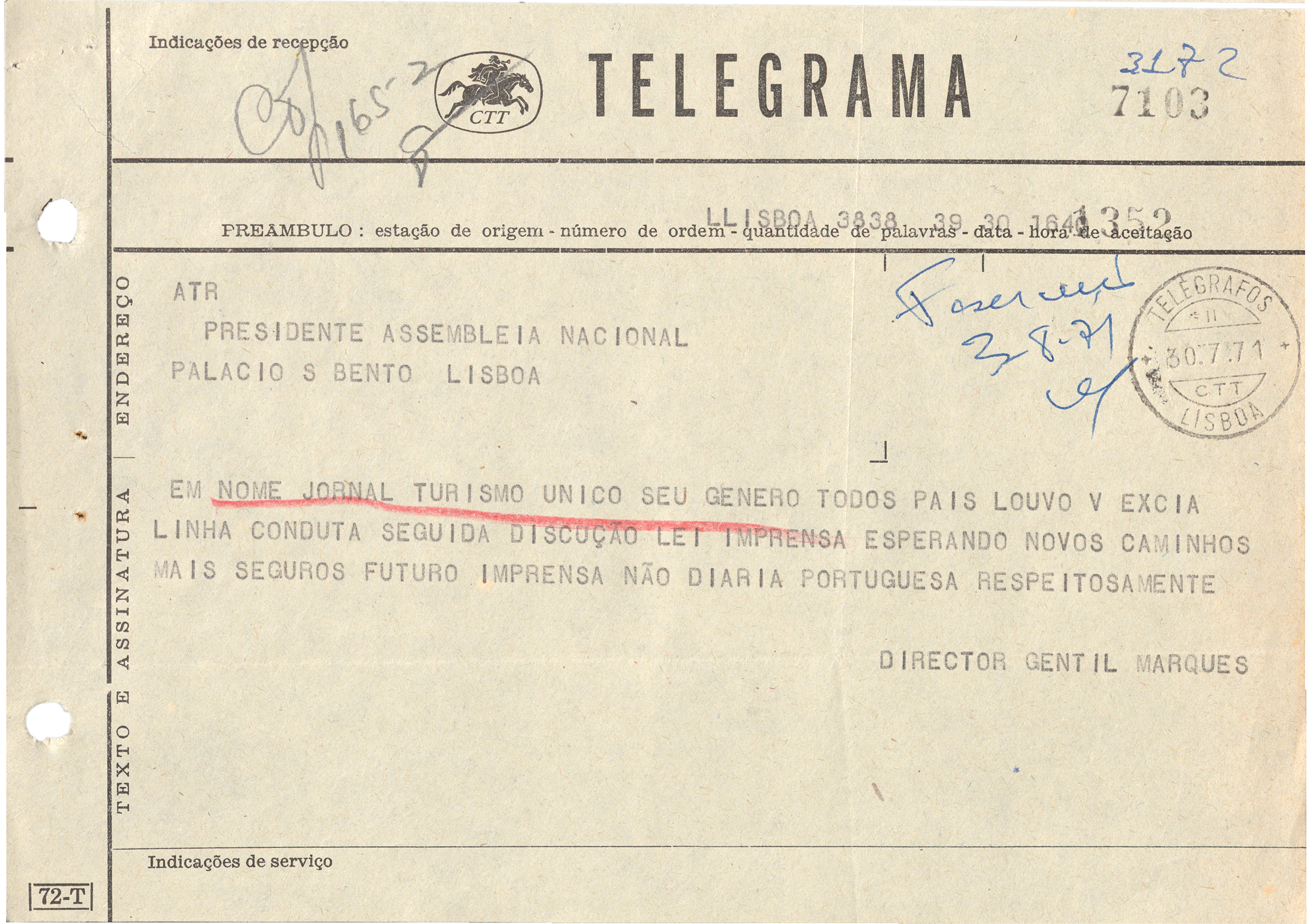 Telegrama de Apoio ou repúdio à nova Lei de Imprensa (1971).
