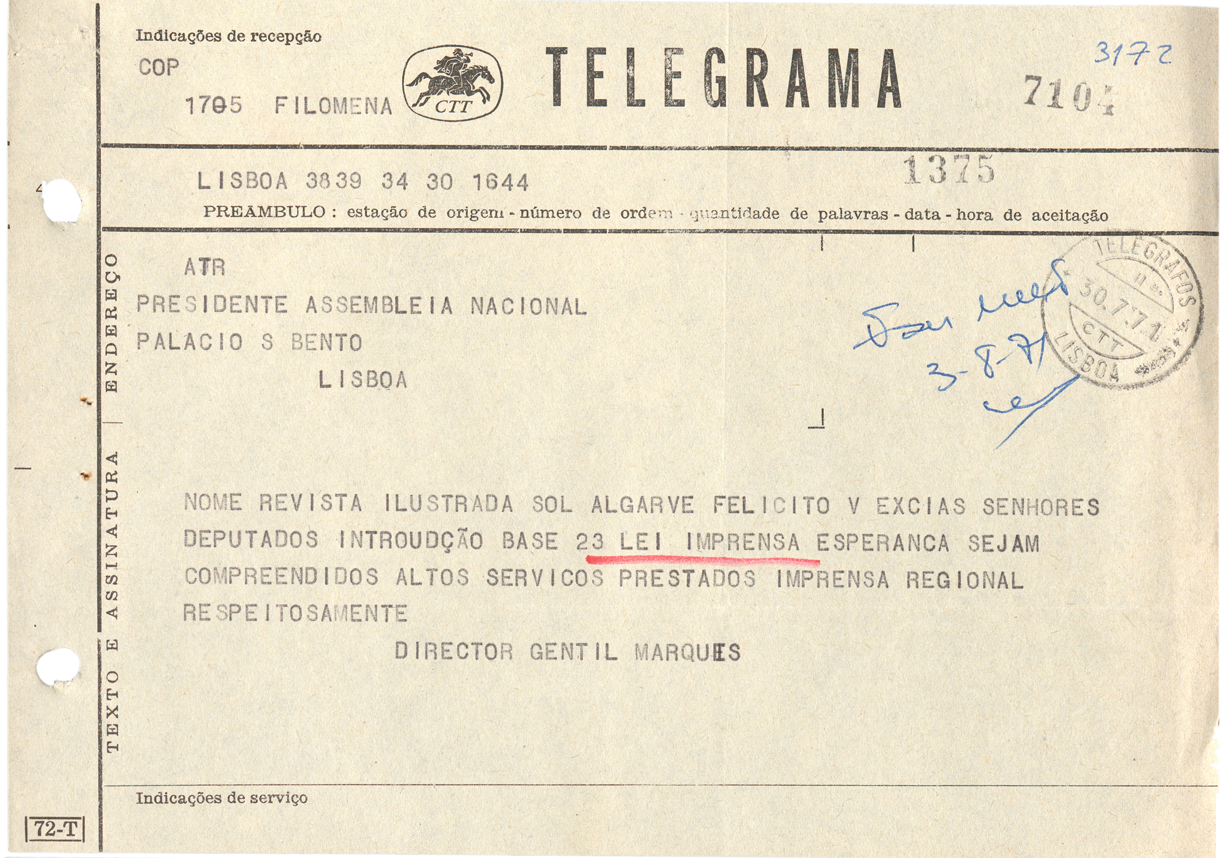 Telegrama de Apoio ou repúdio à nova Lei de Imprensa (1971).